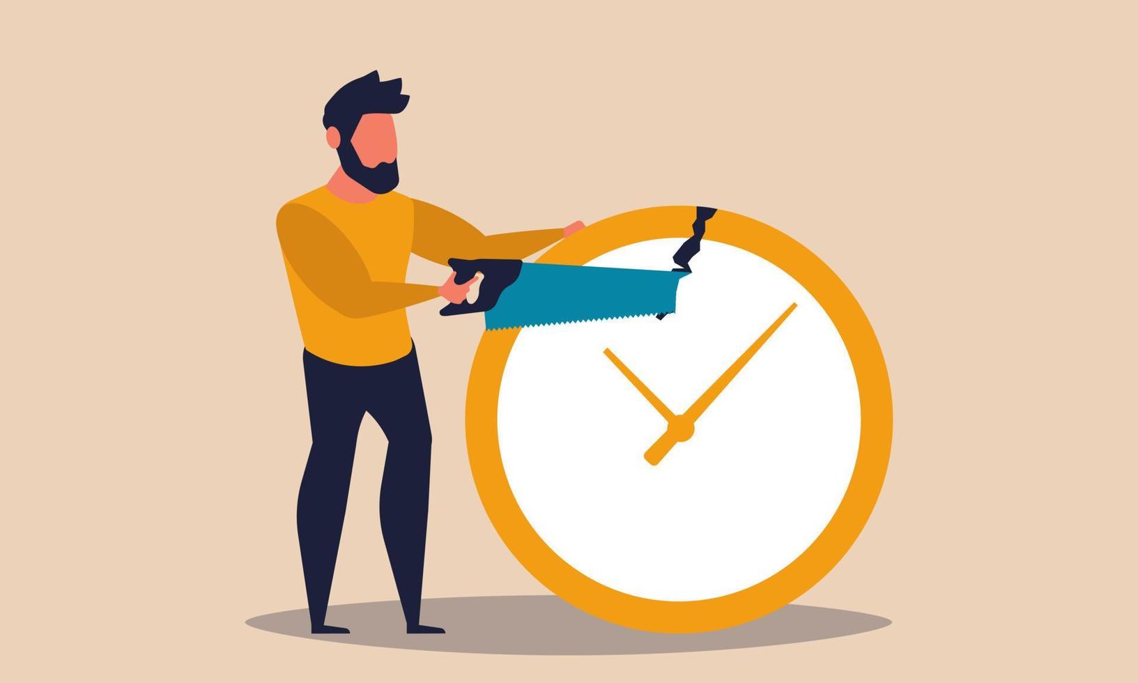 Zeitmanagement, ein Mann schneidet eine Uhr mit einem Sägevektor-Illustrationskonzept. Menschen und effiziente Prozessorganisation Workflow. arbeitsoptimierung und strategie produktivität job. Geschäftstermin vektor