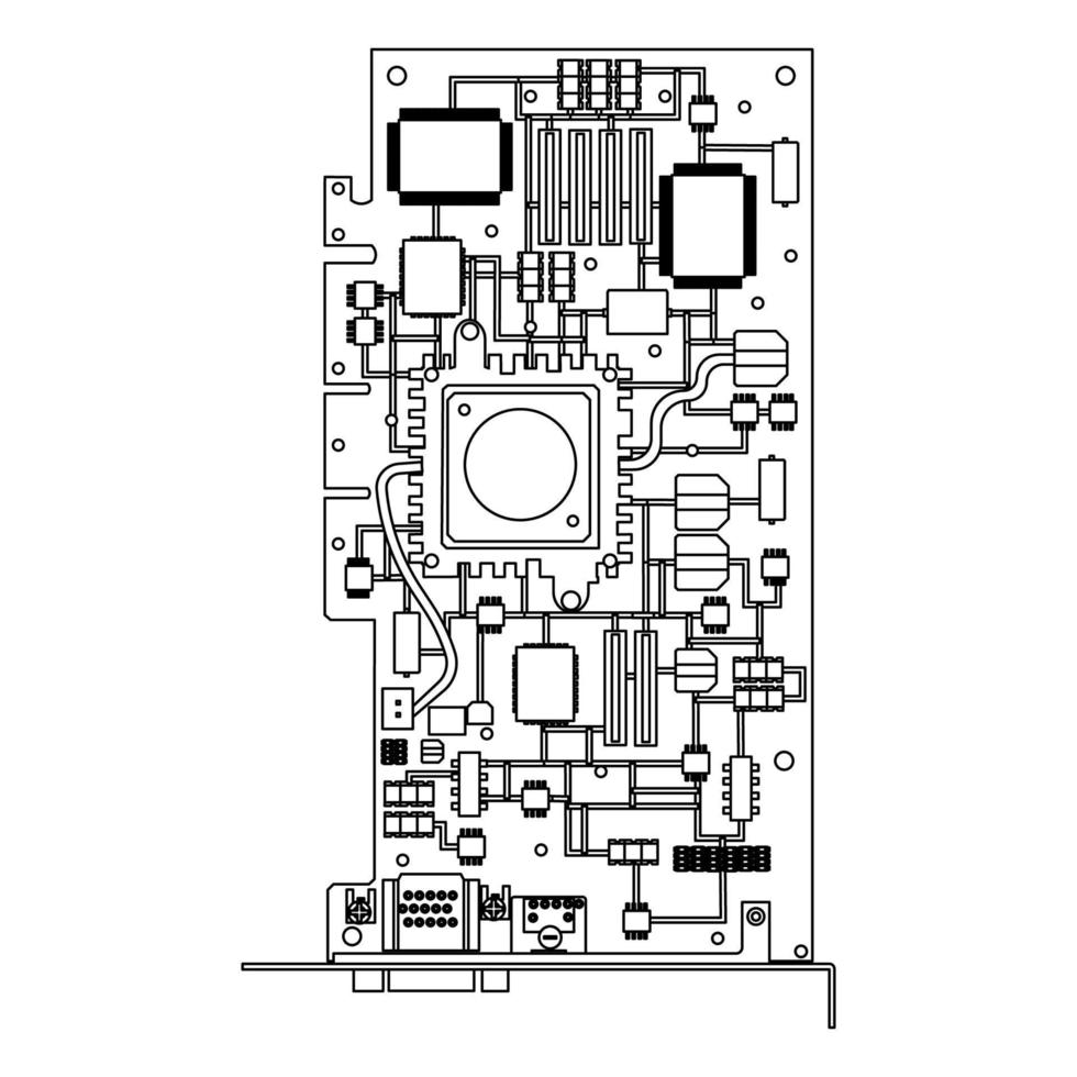 CPU-Chip-Technologie-Vektor digitaler elektronischer Umriss. Computer-Prozessor-Illustrationsboard-Symbollinie dünn und Kommunikations-Tech-Hardware. Mikrochip-Motherboard-Engineering-Datum und Symbol-PC-Core vektor