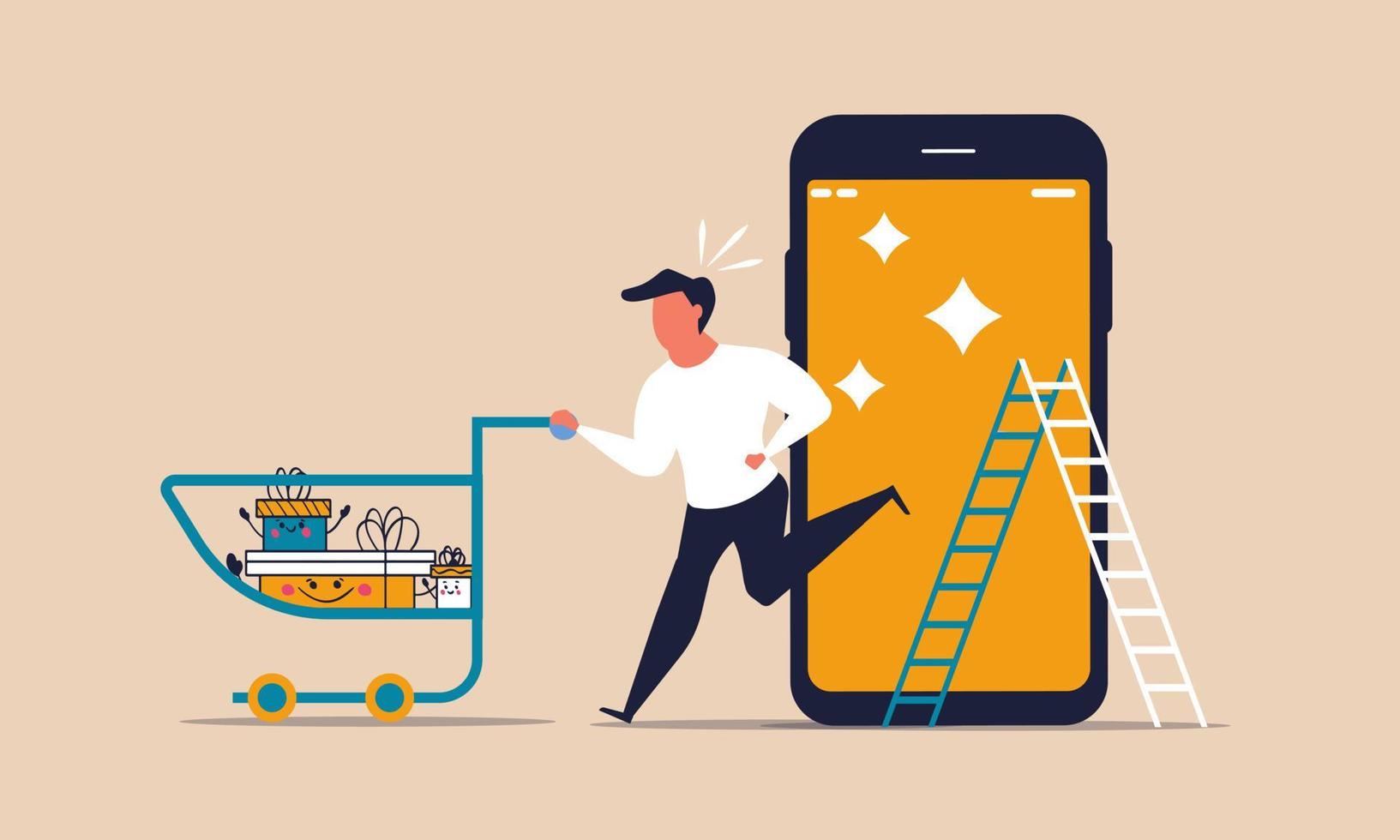 konsument affär uppkopplad Lagra med vagn och gåva låda. telefon appar företag köpa handel begrepp vektor illustration marknadsföra. karaktär handla med vagn och smartphone trådlös service