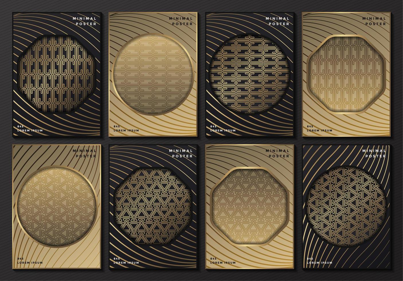 grå och guldmönstrade affischer med geometriska ramar vektor