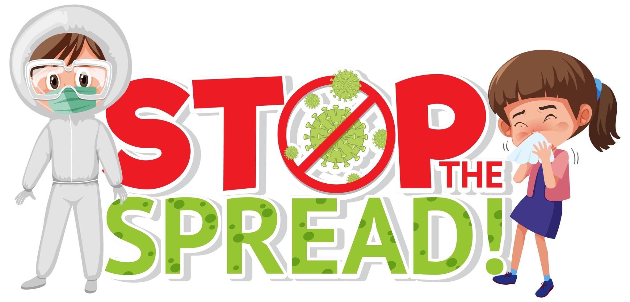 Coronavirus-Poster mit Stop the Spread-Design mit Person im Biohazard-Anzug vektor