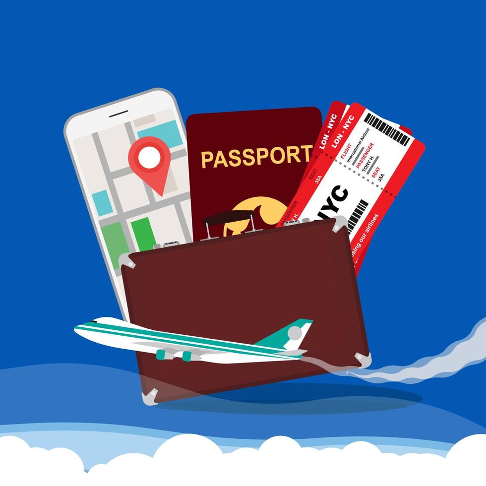 Reise-Konzept-Vektor-Illustration-Hintergrund. urlaubstourismusreiseflugzeug mit ticket, karte, koffer, reisepass. Flugabenteuer rund um das World Explorer-Banner vektor
