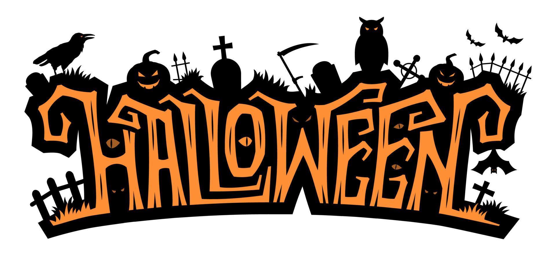 vektor illustration av kreativ halloween inskrift med bilder av domkraft o lykta gravsten, gala, fladdermöss och Uggla på vit bakgrund