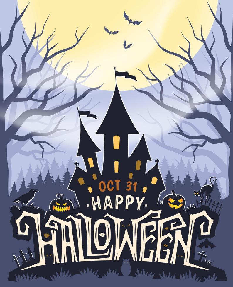 Lycklig halloween affisch med text och slott silhuett. vektor