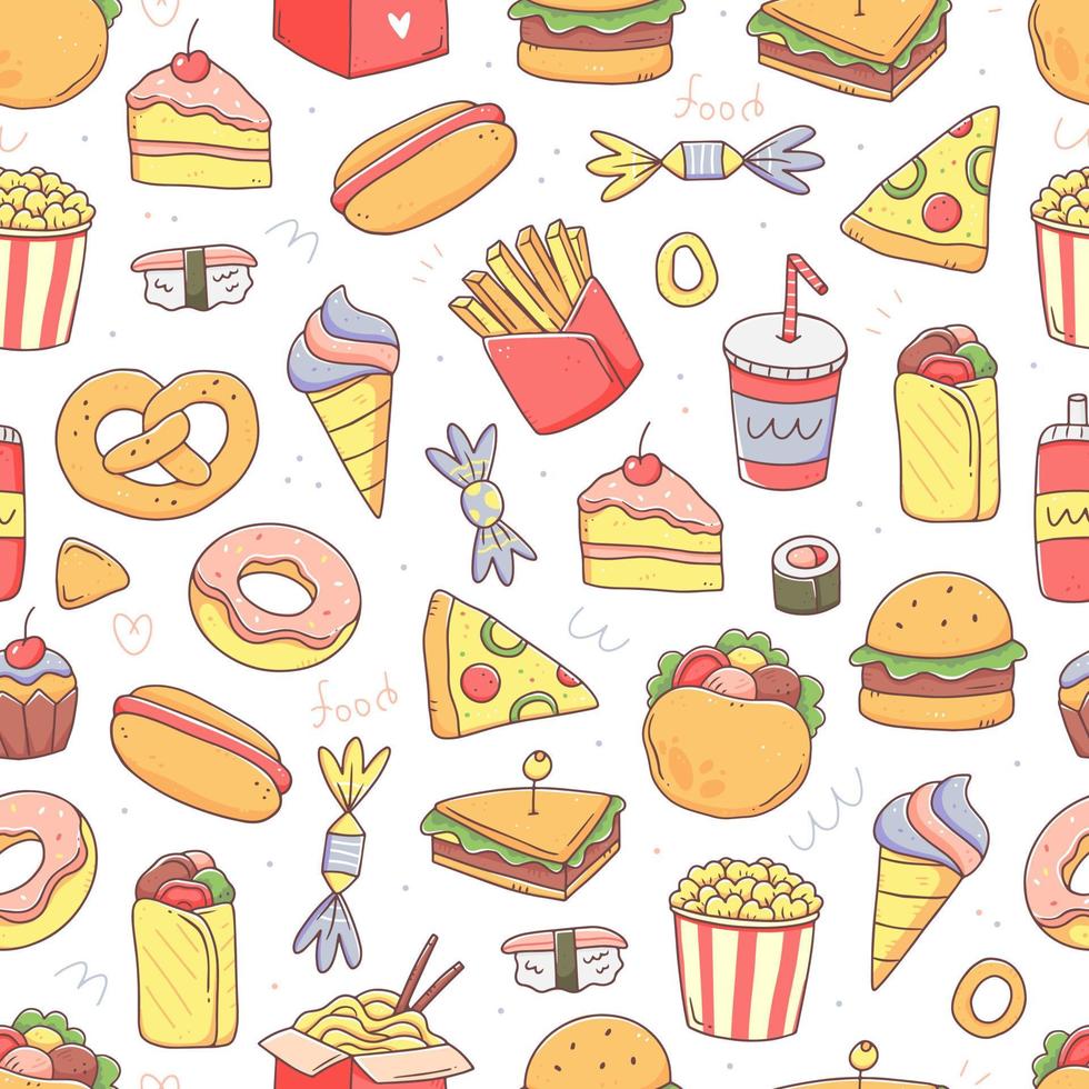 Nahtloses Muster mit Fast Food im niedlichen Kawaii-Doodle-Stil. Vektor-Junk-Food-Illustrationshintergrund. vektor