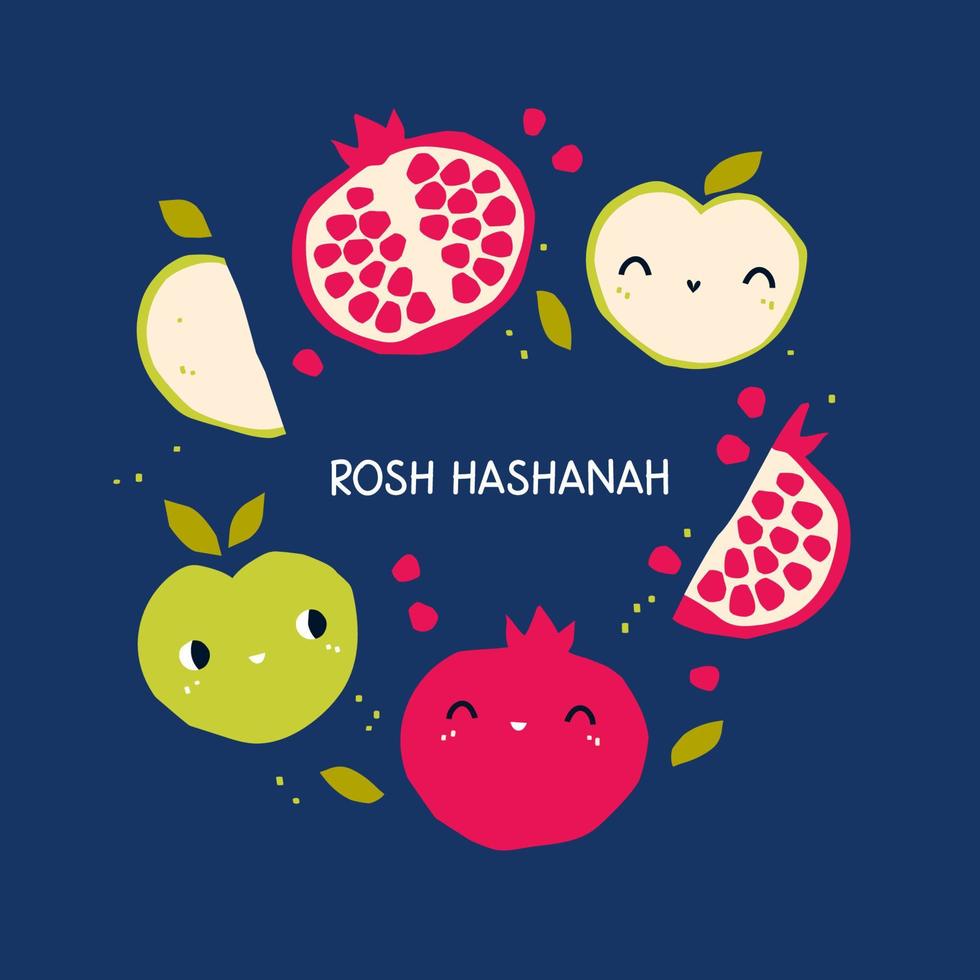 süße illustration mit äpfeln und granatäpfeln für den rosh hashanah-feiertag. Vektorpostkarte im Trend vektor