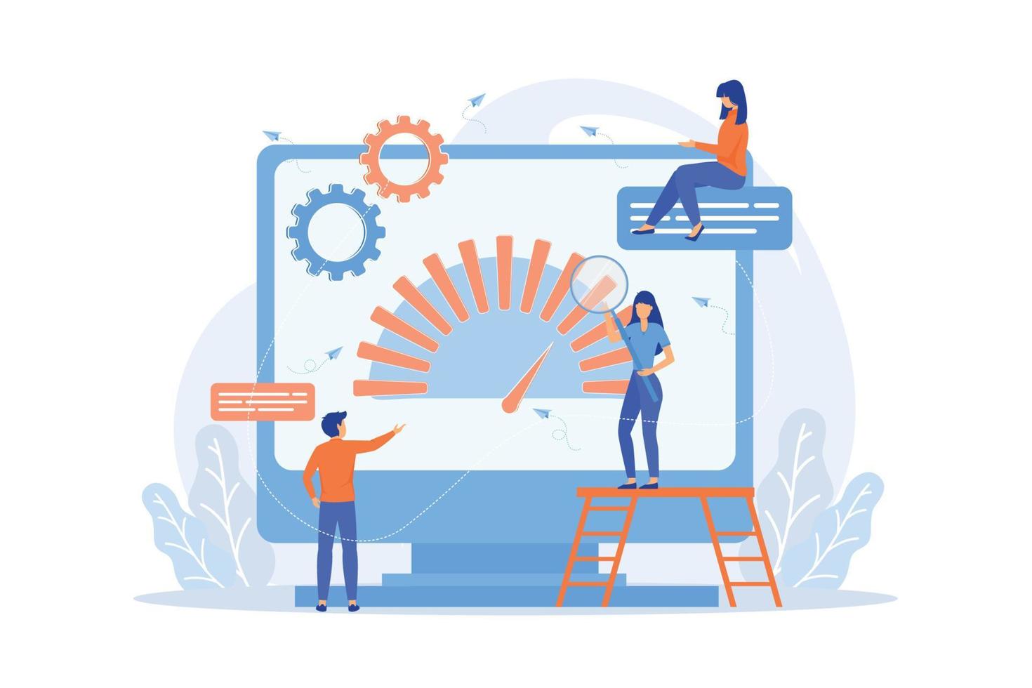 mycket liten företag människor se på produkt prestanda indikator. riktmärke testning, benchmark programvara vektor illustration