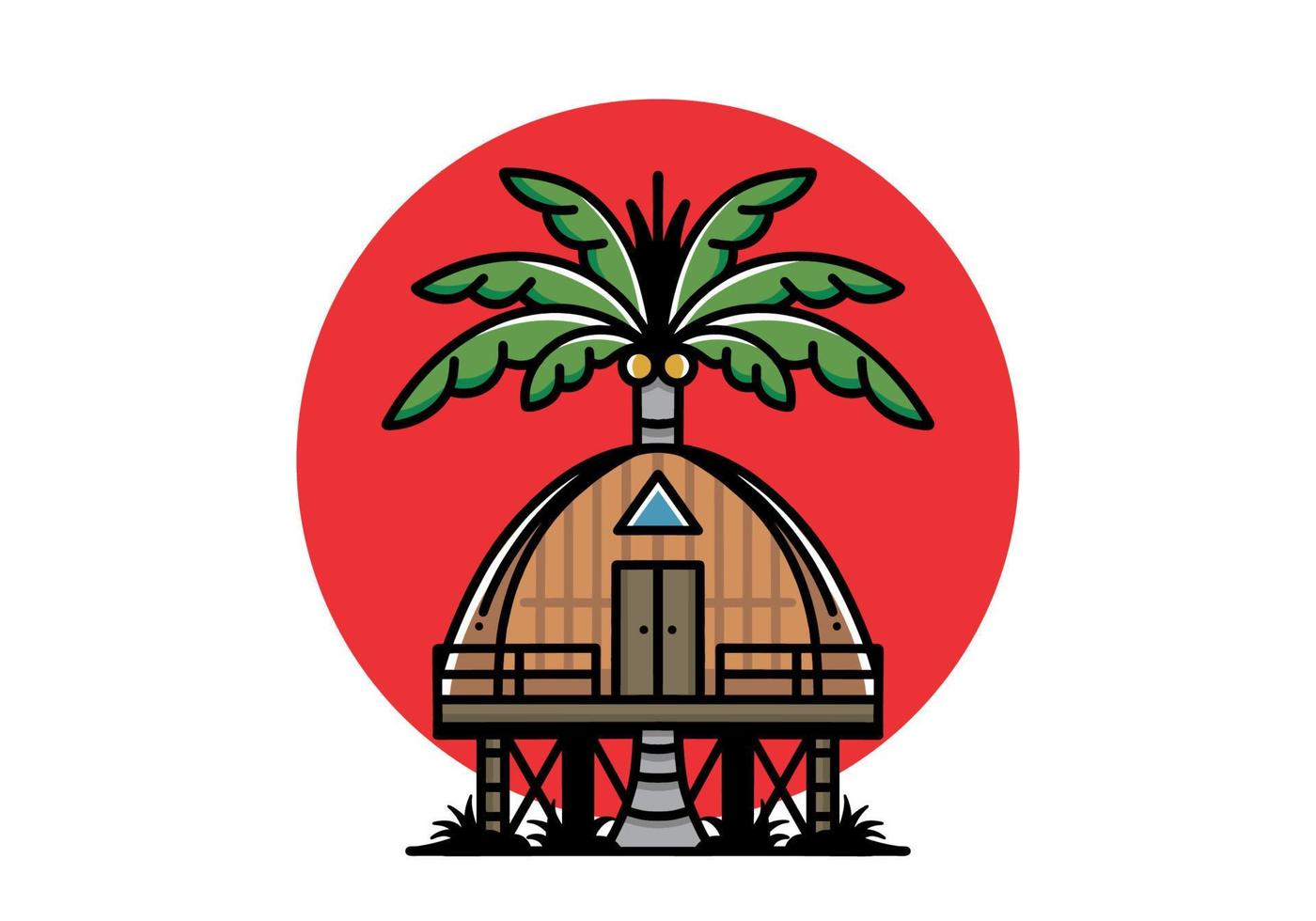 Holzhaus mit großem Kokosnussbaum-Abzeichen-Design vektor