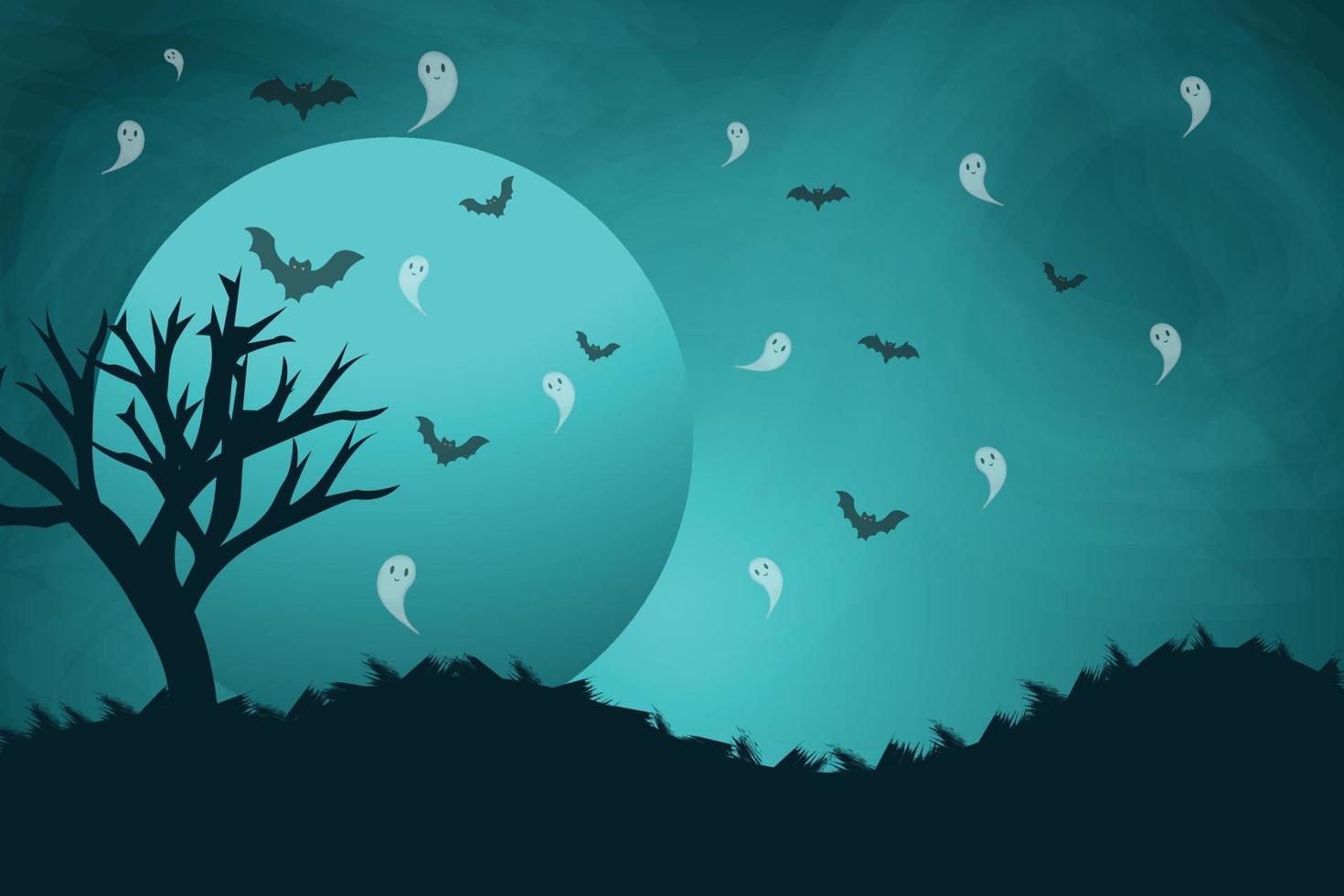 Halloween-Vintage-Hintergrunddesign mit niedlichem Geist und Fledermaus im Himmel vektor