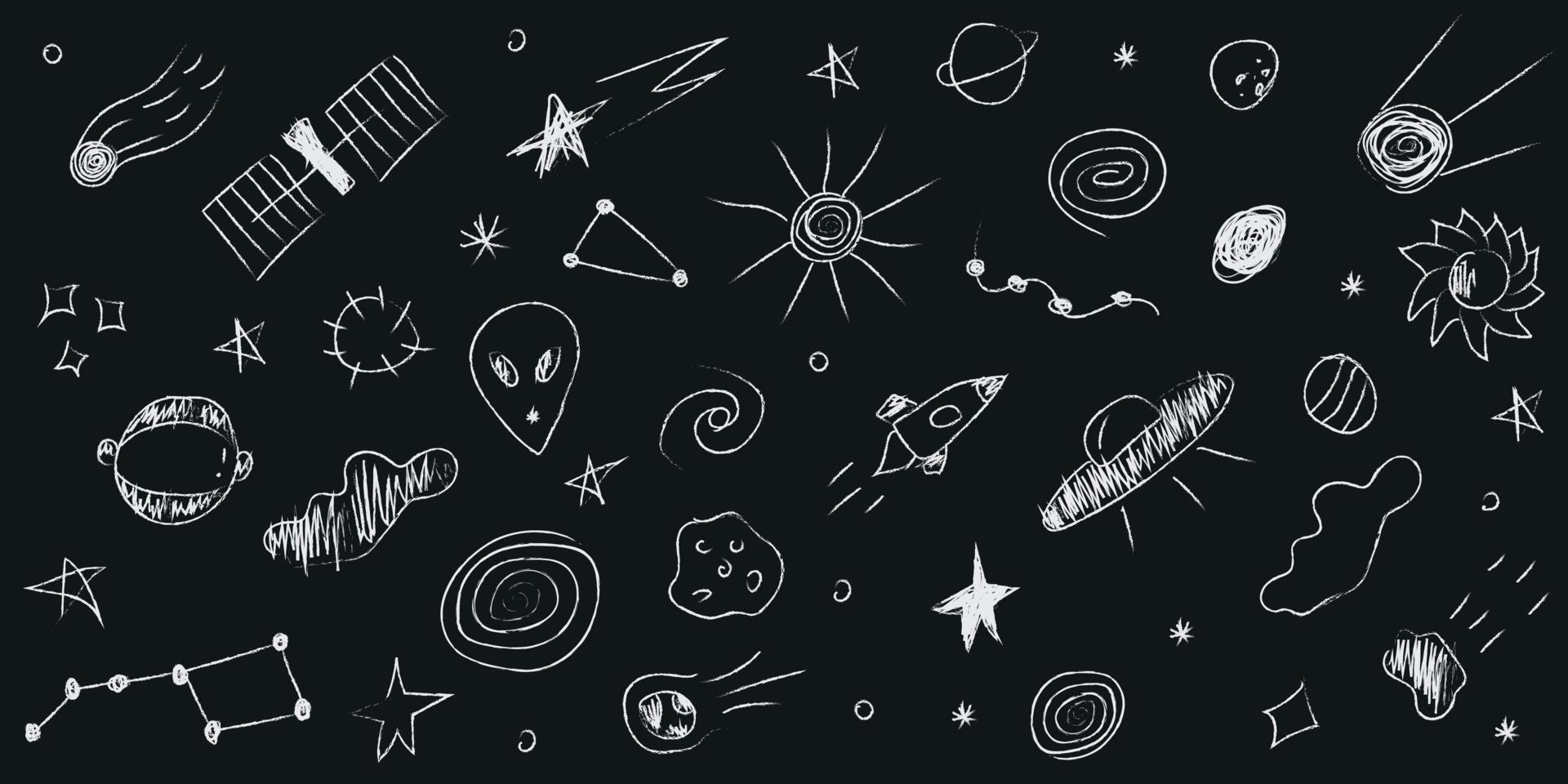 Doodle-Kosmos-Illustration im kindlichen Stil, Design-Clipart. hand gezeichnete abstrakte raumelemente. Schwarz und weiß. vektor
