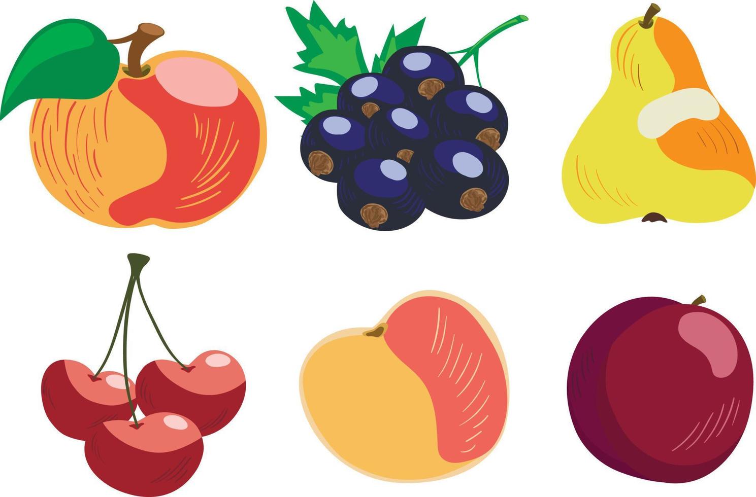 vektor uppsättning av 6 hand dragen trädgård frukter, äpple, svart vinbär, päron, körsbär, persika och plommon. isolerat på vit bakgrund.