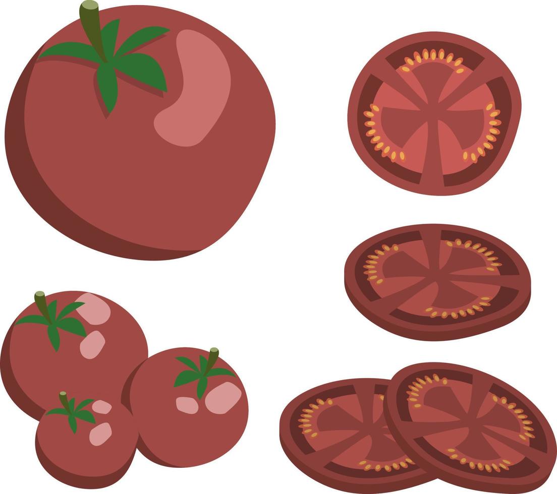Satz von roten reifen Tomaten, ganz und in Scheiben geschnitten, isoliert auf weißem Hintergrund vektor