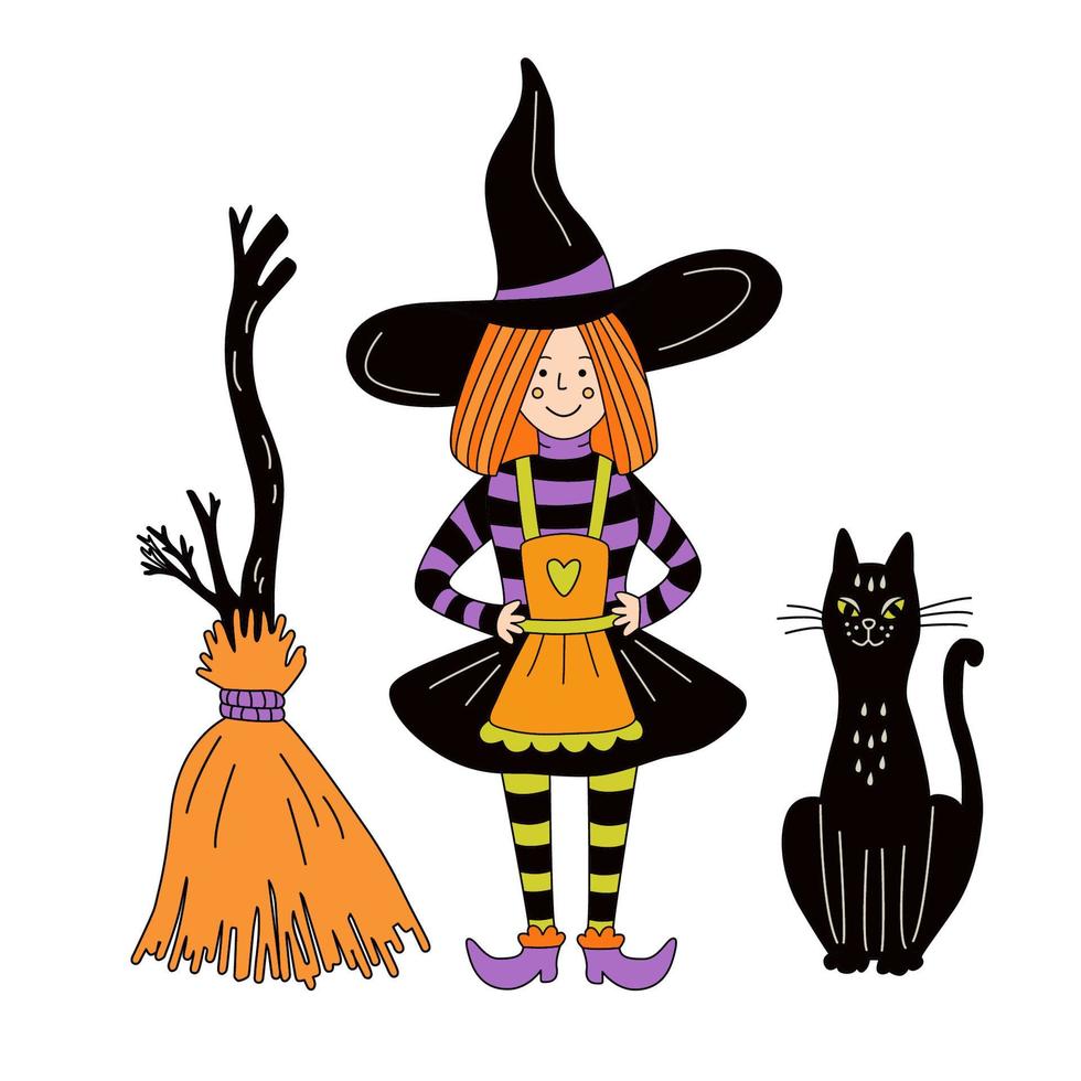 kleine süße hexe mit einem besen und einer katze. hand gezeichnete bunte vektorillustration. ideal für Halloween-Design. vektor