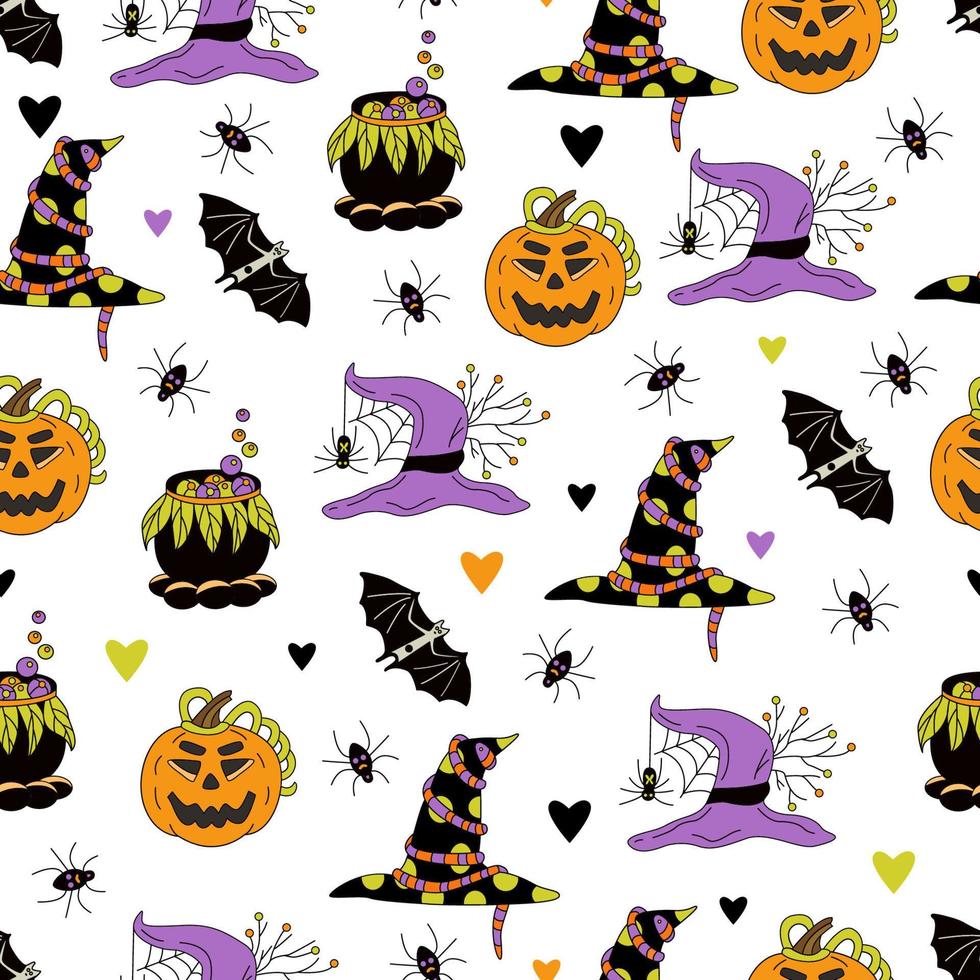 halloween nahtloses muster mit jack-o-laternen, hexenhüten, kesseln, fledermäusen und spinnen auf weißem hintergrund. handgezeichnete Vektorgrafik im Doodle-Stil vektor