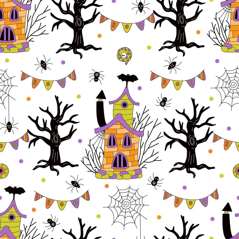 halloween nahtloses muster mit gruseligen häusern, spinnen, kahlen bäumen und girlanden auf weißem hintergrund. handgezeichnete Vektorgrafik im Doodle-Stil vektor