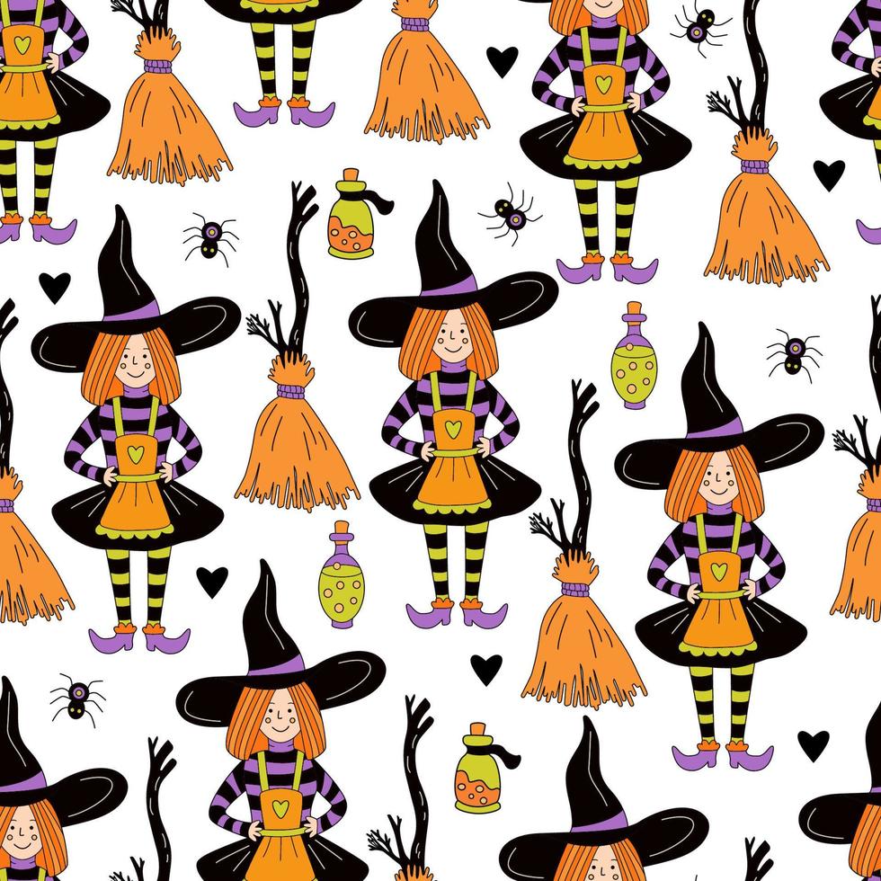 halloween nahtloses muster mit kleiner hexe, besen und flaschen gift auf weißem hintergrund. handgezeichnete Vektorgrafik im Doodle-Stil vektor