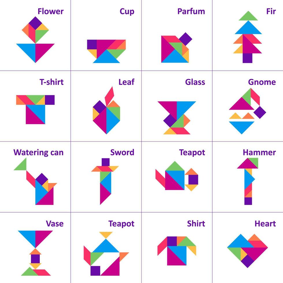 tangram pussel. uppsättning av tangram objekt. kontursåg för ungar. vektor uppsättning. vektor illustration