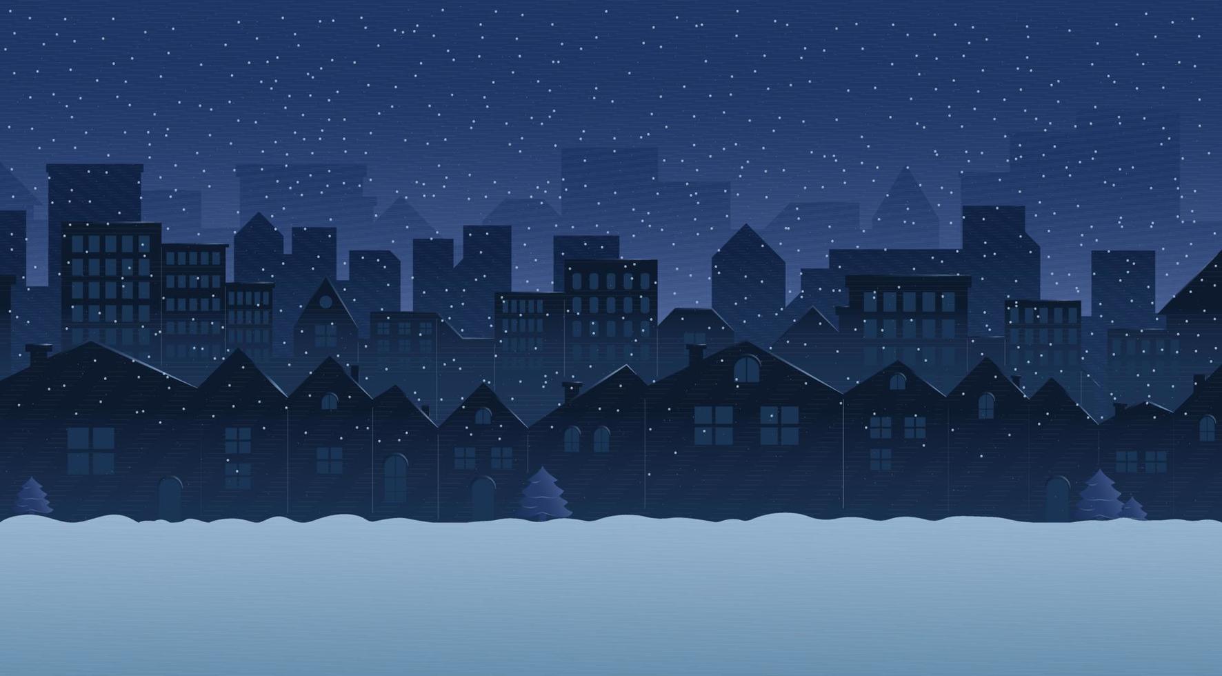 silhuetter av snöig Land hus. vinter- natt. vektor