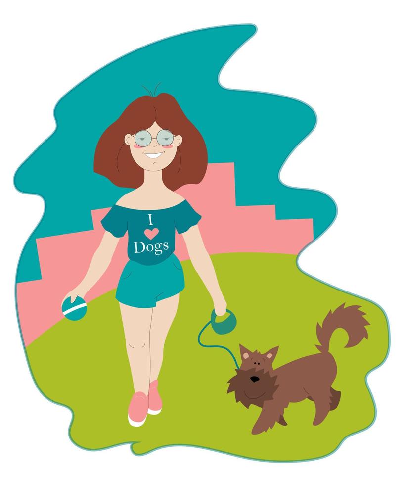 flicka gående med henne hund i de stad. sommar illustration. vektor illustration