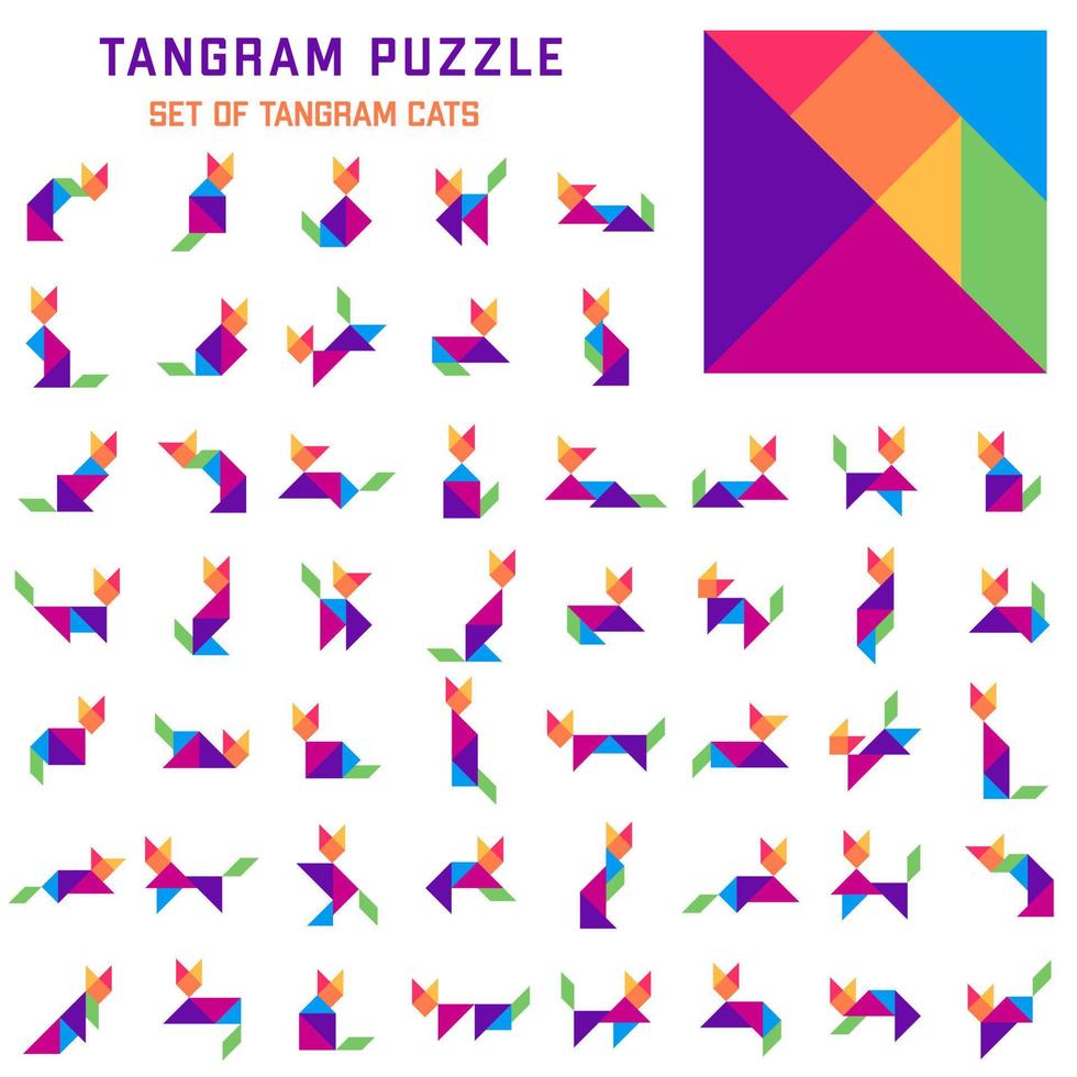 Tangram-Puzzle. Satz von Tangram-Katzen in verschiedenen Posen. Puzzle für Kinder. Vektorsatz. Vektor-Illustration vektor
