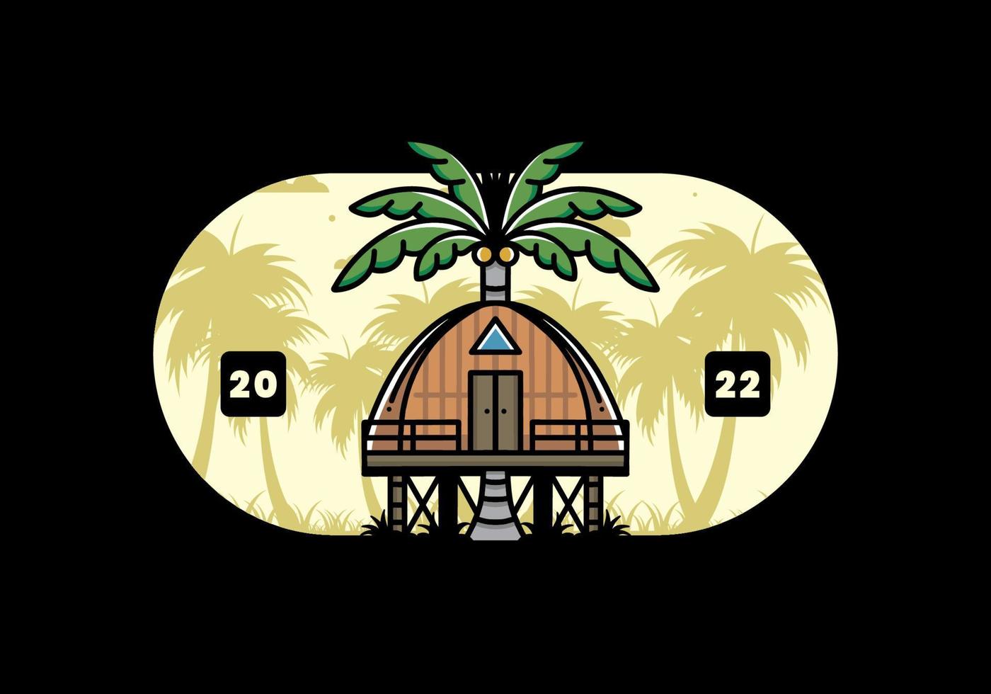 trä- hus med stor kokos träd bricka design vektor
