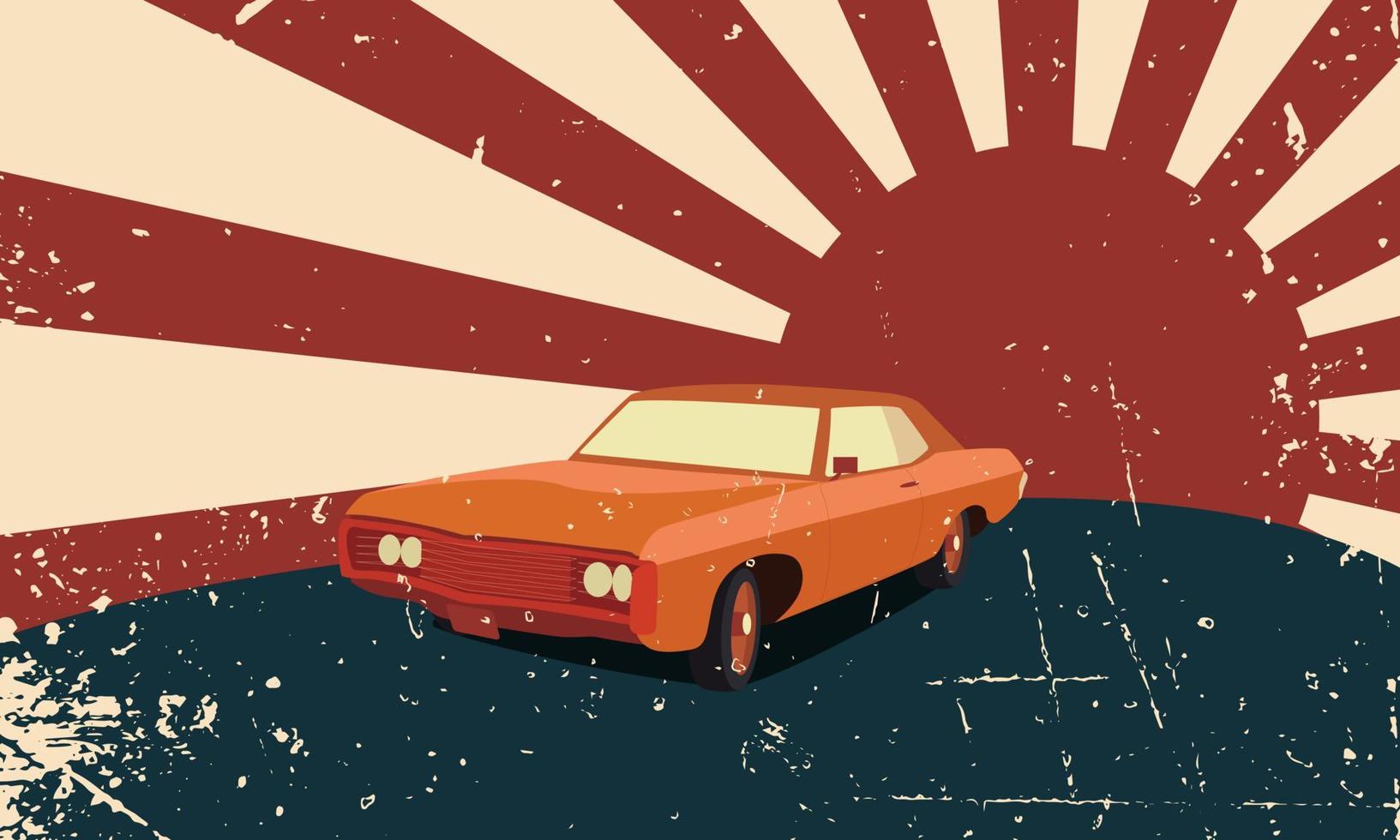 der Vintage-Hintergrund mit einem orangefarbenen Retro-Auto vektor
