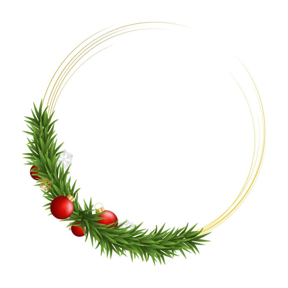 grüner weihnachtsgirlandenkranz. Kreisgrenze der frohen Weihnachten mit goldener Linie Naturrahmen mit den Tannenzweigen lokalisiert auf weißem Hintergrund. Vektordekorationsdesign vektor
