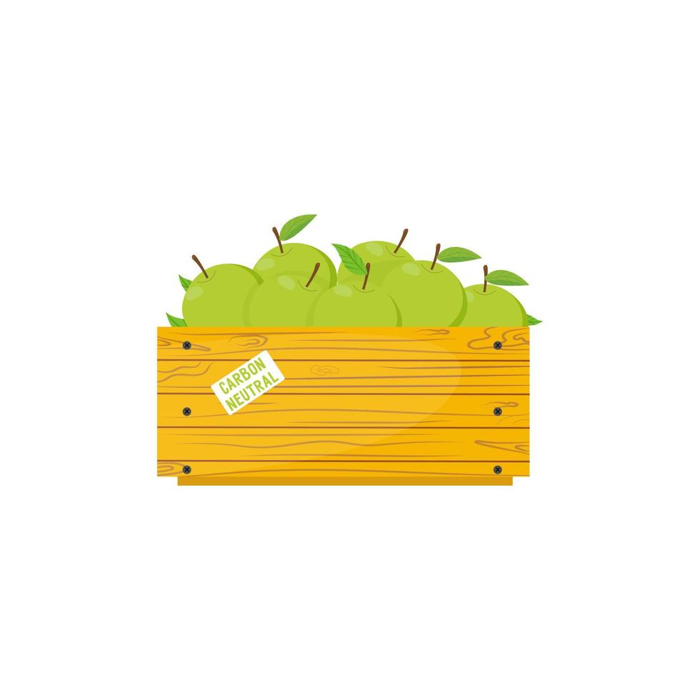 Holzkiste mit grünen Äpfeln. reife lokale Ernte. Aufkleber mit Informationen zur Umweltsicherheit. CO2-Fußabdruck von Null. Vektorillustration, flach vektor