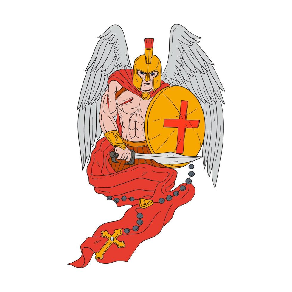 spartanischer Krieger Engel Schwert Rosenkranz Zeichnung vektor