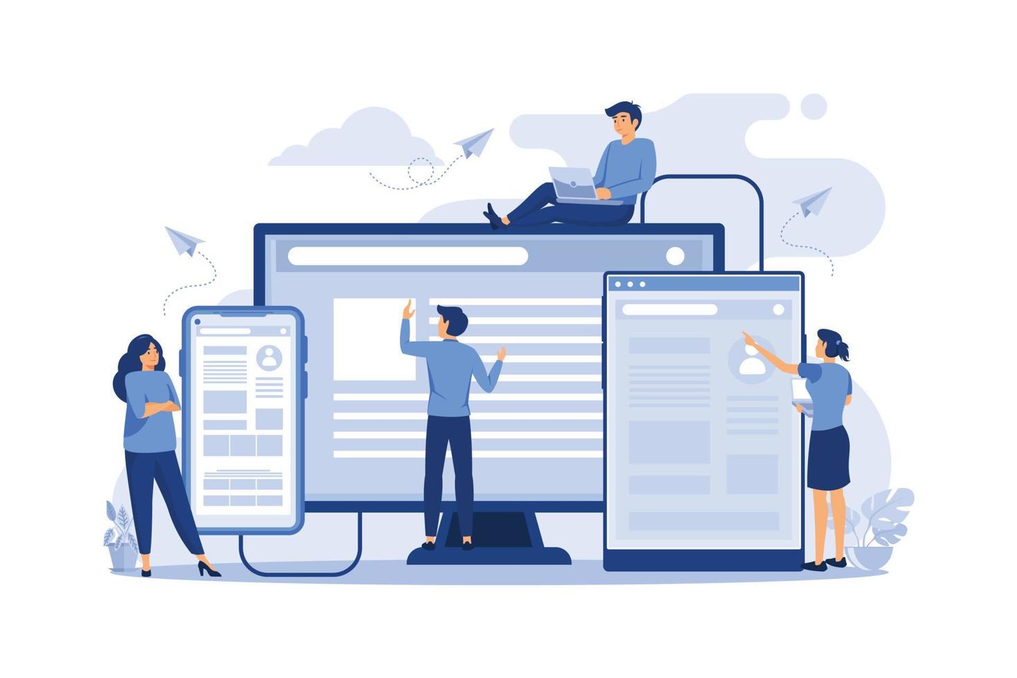 begrepp av webb sida design och utveckling av mobil webbplatser, små människor är arbetssätt på skapande en hemsida, applikationer, överföra information. platt design modern illustration vektor