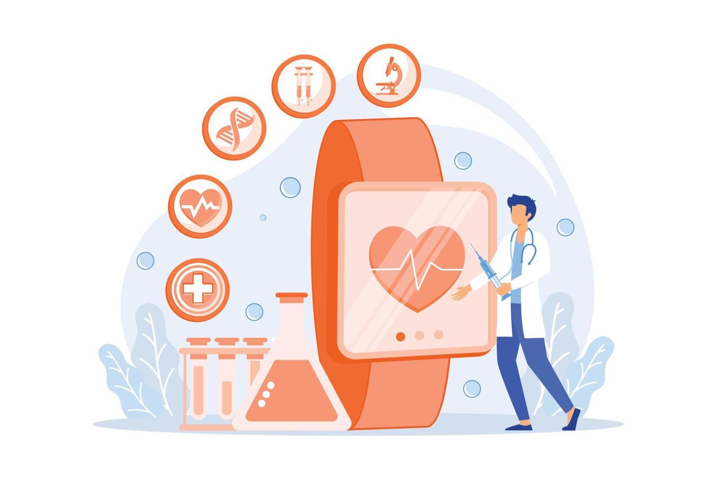 arzt und smartwatch mit herz und medizinischen symbolen. Smartwatch-Gesundheitstracker und Gesundheitsmonitor, Vektorillustration zur Aktivitätsverfolgung vektor