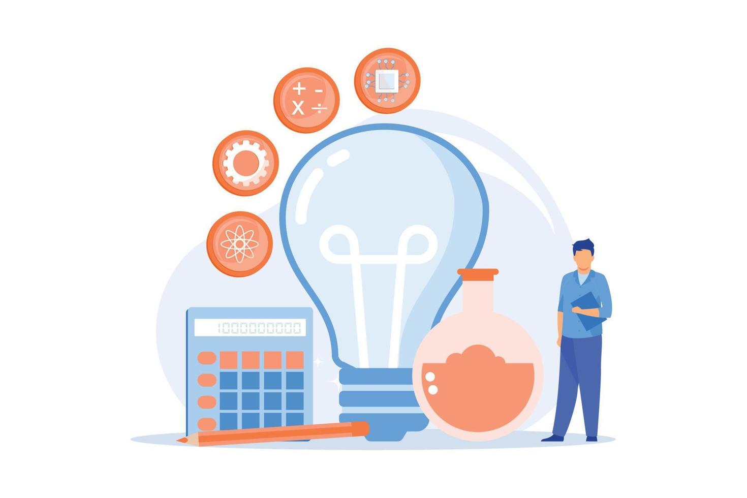 stam utbildning modell. inlärning program, grundläggande fält av studie, skola ämnen. ljus Glödlampa med vetenskap, teknologi, teknik och matematik ikoner. vektor illustration