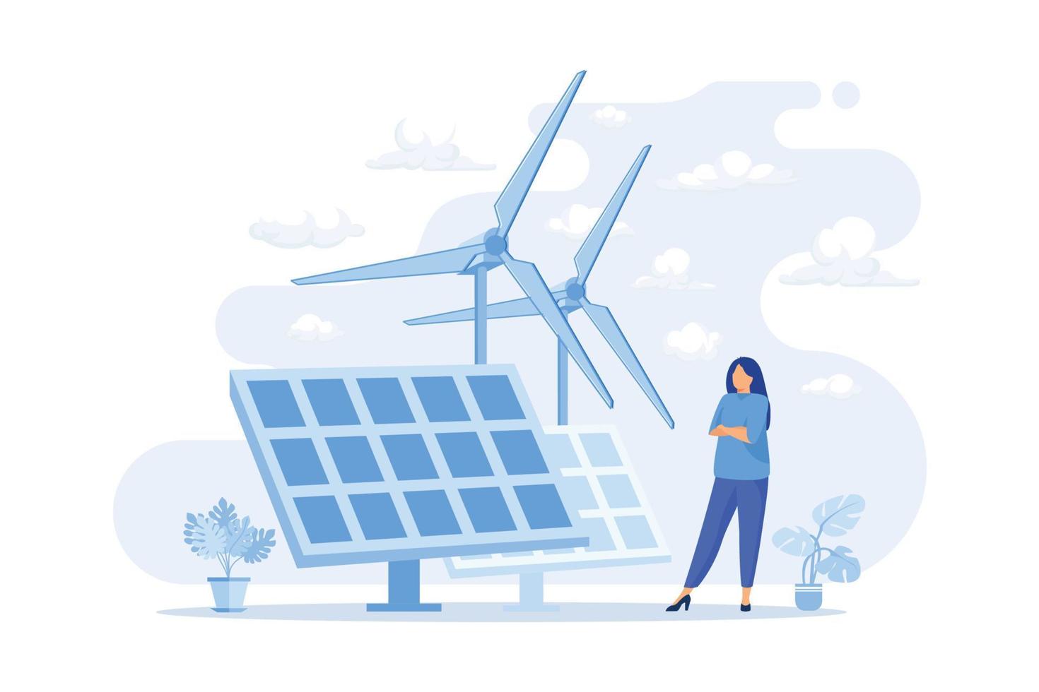 förnybar energi förnybar energi källor, kraft Resurser, lantlig rena energi tjänster, vind turbin, sol- paneler, eco grön hus platt design modern illustration vektor