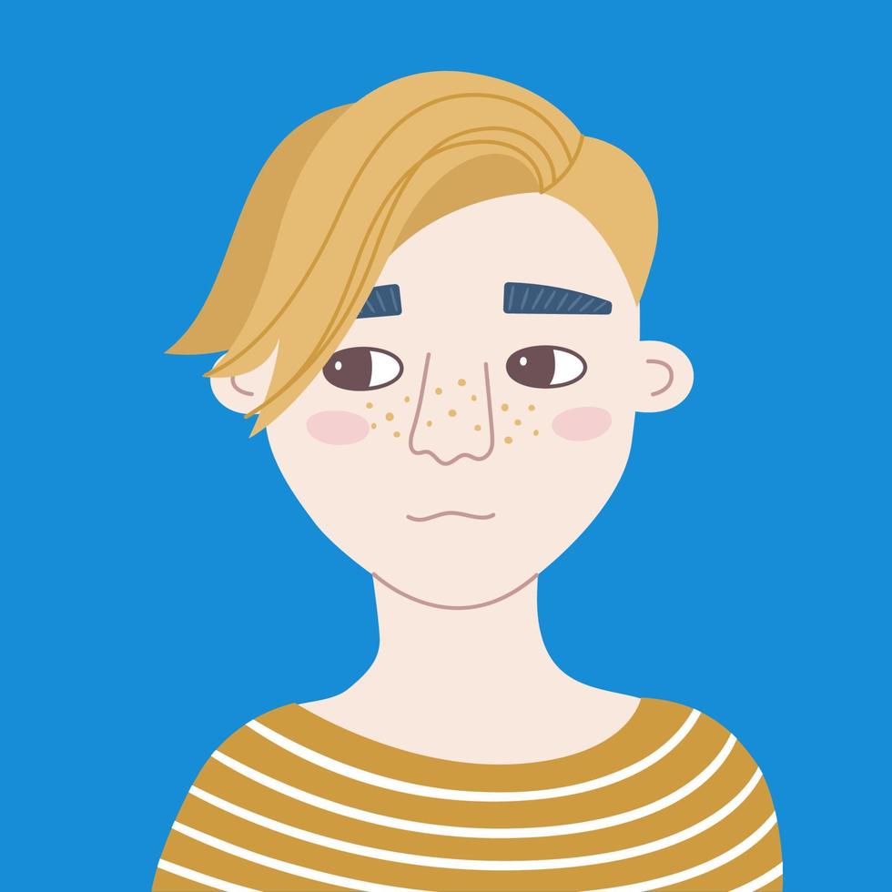Porträt eines jungen, nicht lächelnden Mannes mit trendiger Frisur. Unglücklicher Teenager sieht seitwärts aus. vektorkarikaturperson mit einem nachdenklichen gesichtsausdruck auf einem blauen hintergrund. hand gezeichneter avatar für soziales netzwerk. vektor