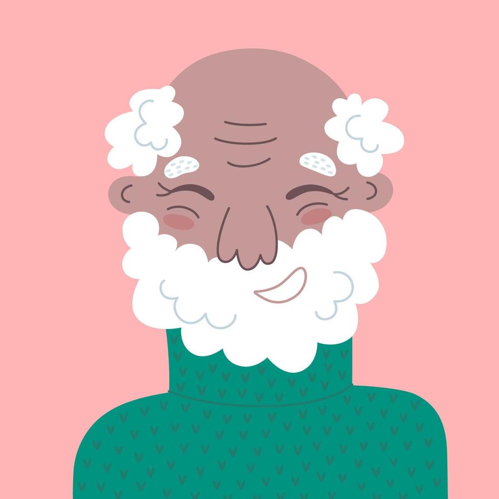 porträtt av en skrattande tillfällig gammal man. Lycklig äldre kille demonstrera positiv känslor isolerat på rosa bakgrund. färgrik glad manlig i tecknad serie stil. vektor platt avatar för social nätverk.