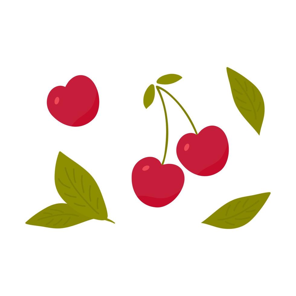 körsbär och grön te löv på vit bakgrund. vektor illustration. element för design, reklam, förpackning av te Produkter