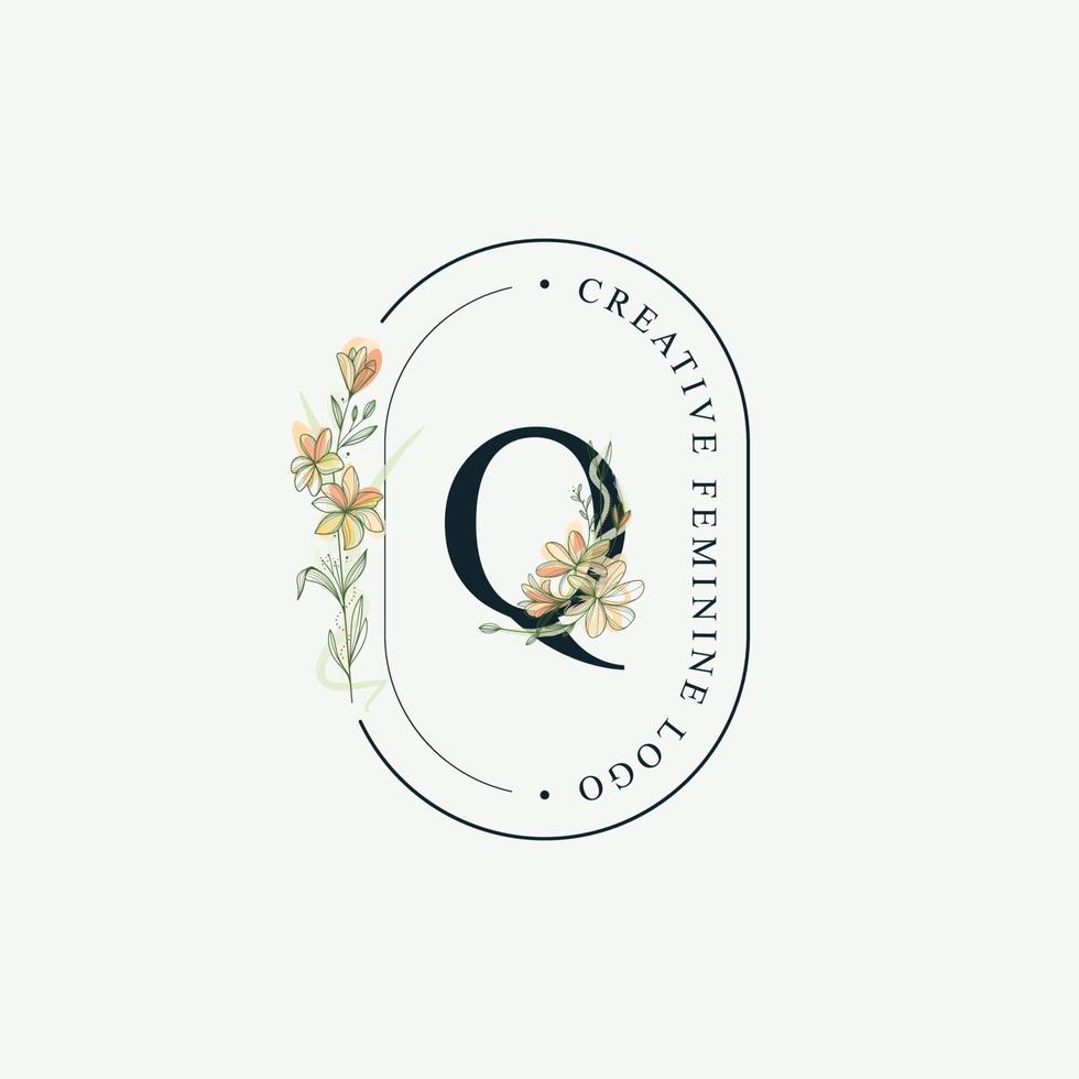 initialer brev q bröllop blommig logotyper mall, elegant hand dragen modern minimal mallar vektor