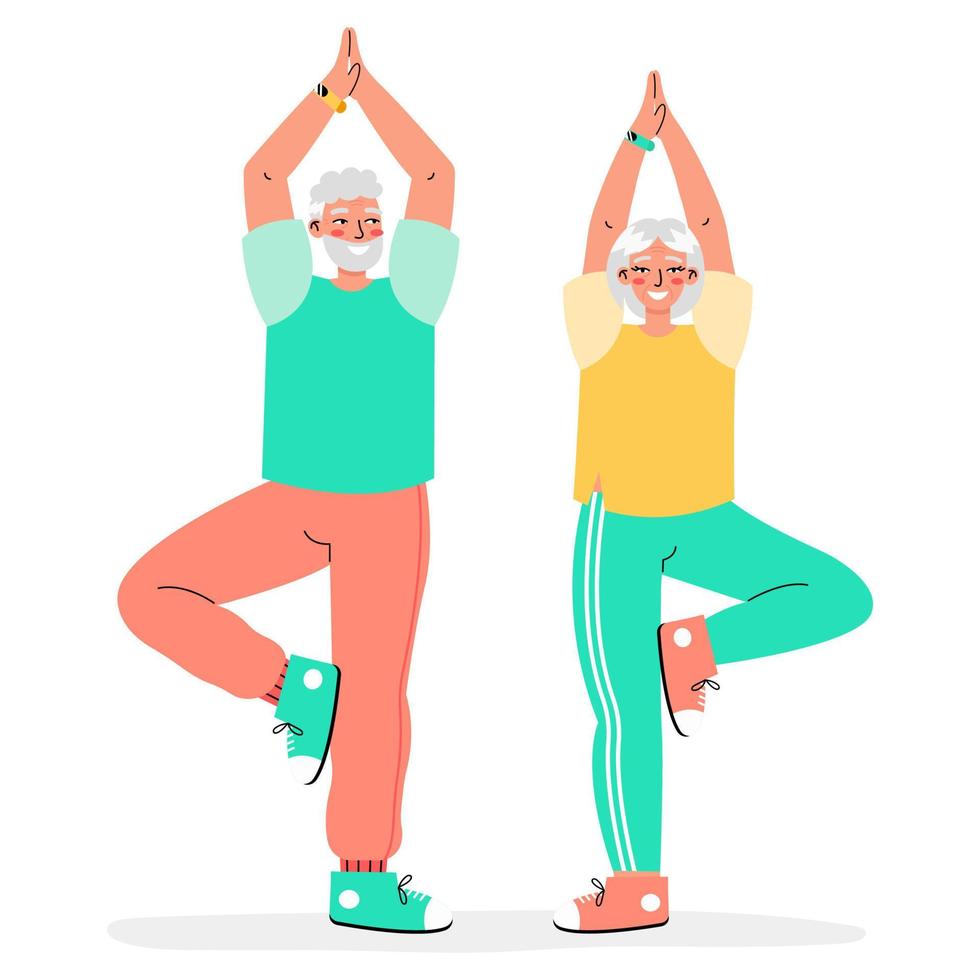 Fröhliches positives altes Ehepaar beim Yoga mit Fitness-Tracker isoliert auf weißem Hintergrund. intelligente uhr für seniorenkonzept. aktives Alter. vektor
