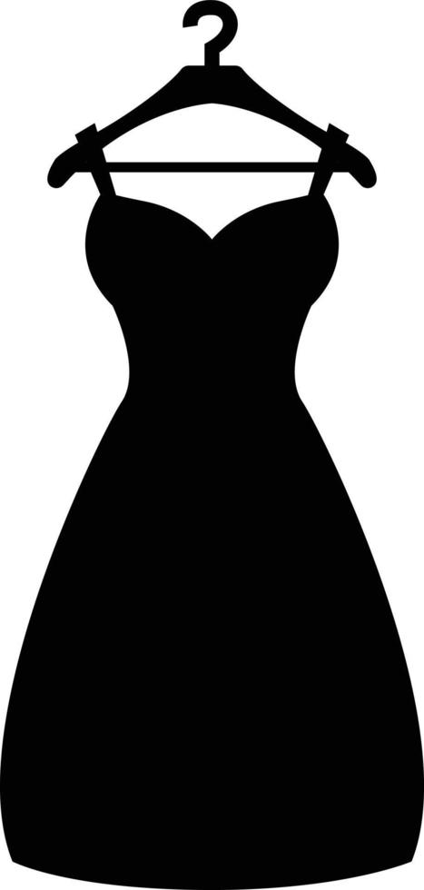 Schwarzes Kleid auf einem Kleiderbügel-Symbol auf weißem Hintergrund. Kleid Zeichen. Frau Kleidersymbol. flacher Stil. vektor