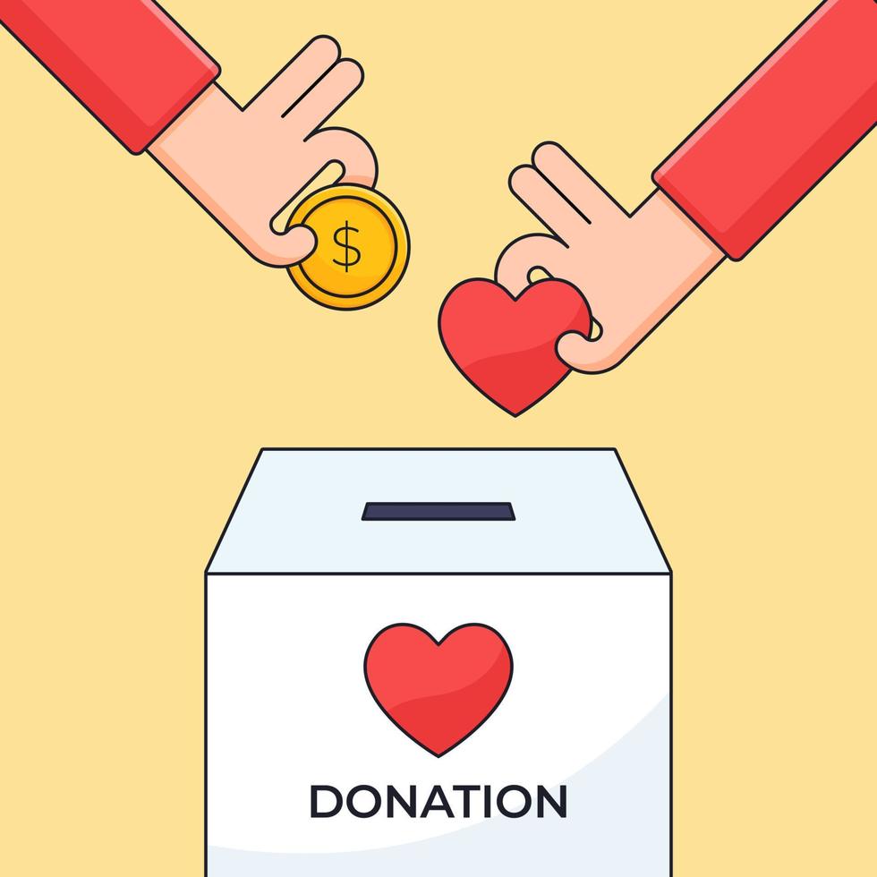 hand Föra in mynt och kärlek vård symbol till donation låda välgörenhet begrepp vektor illustration