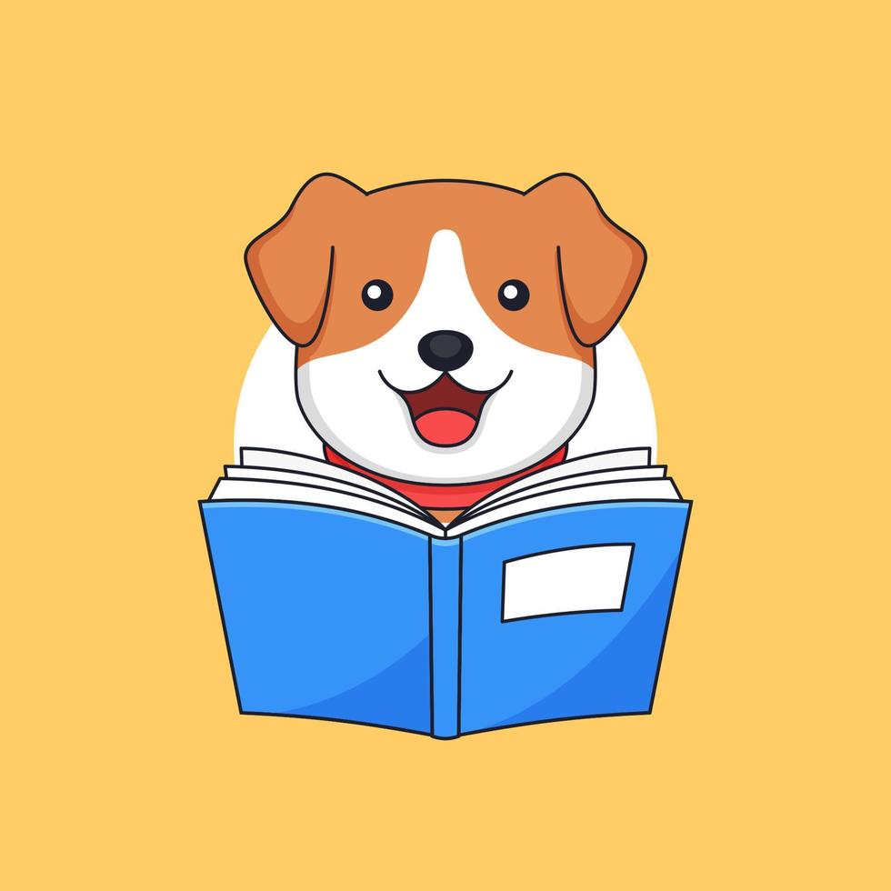söt hund njut av läsa de bok djur- skola aktivitet vektor översikt illustration maskot