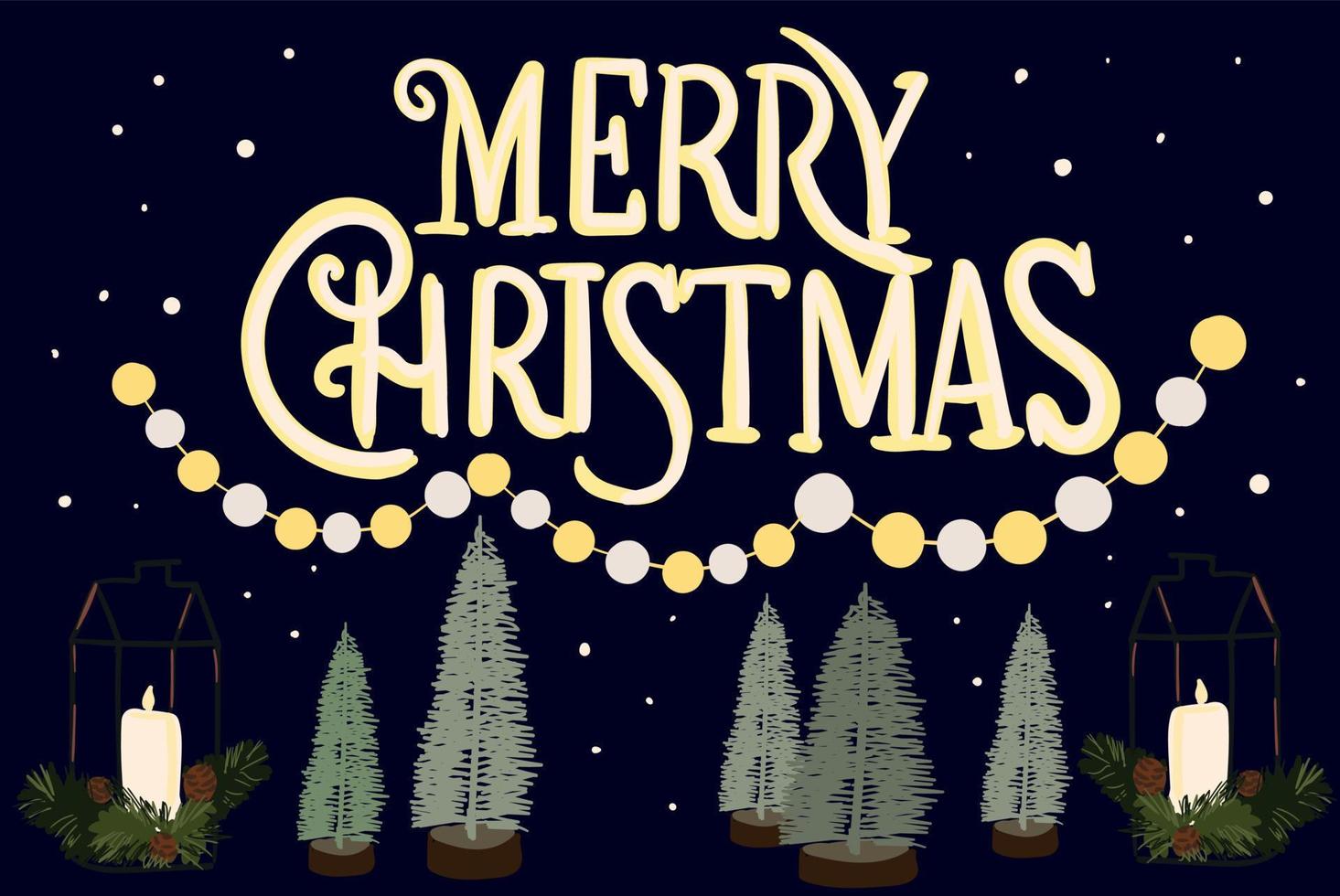 glad jul hälsning kort. text med jul träd och ljus. vektor