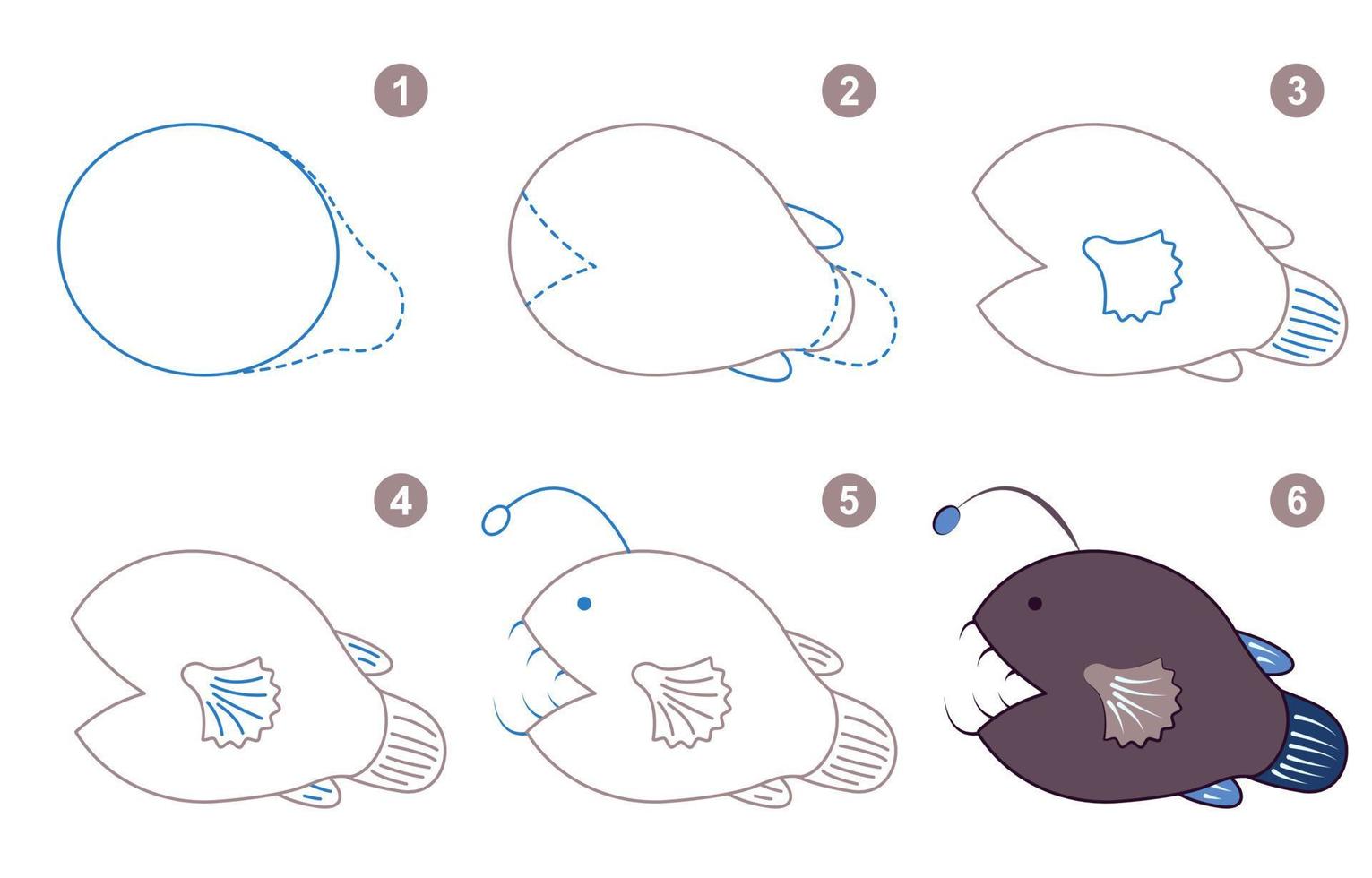 instruktioner för teckning söt fisk. Följ steg förbi djupt se. kalkylblad för unge inlärning till dra fisk. spel för barn vektor sida. schema för teckning djupt se. vektor illustration