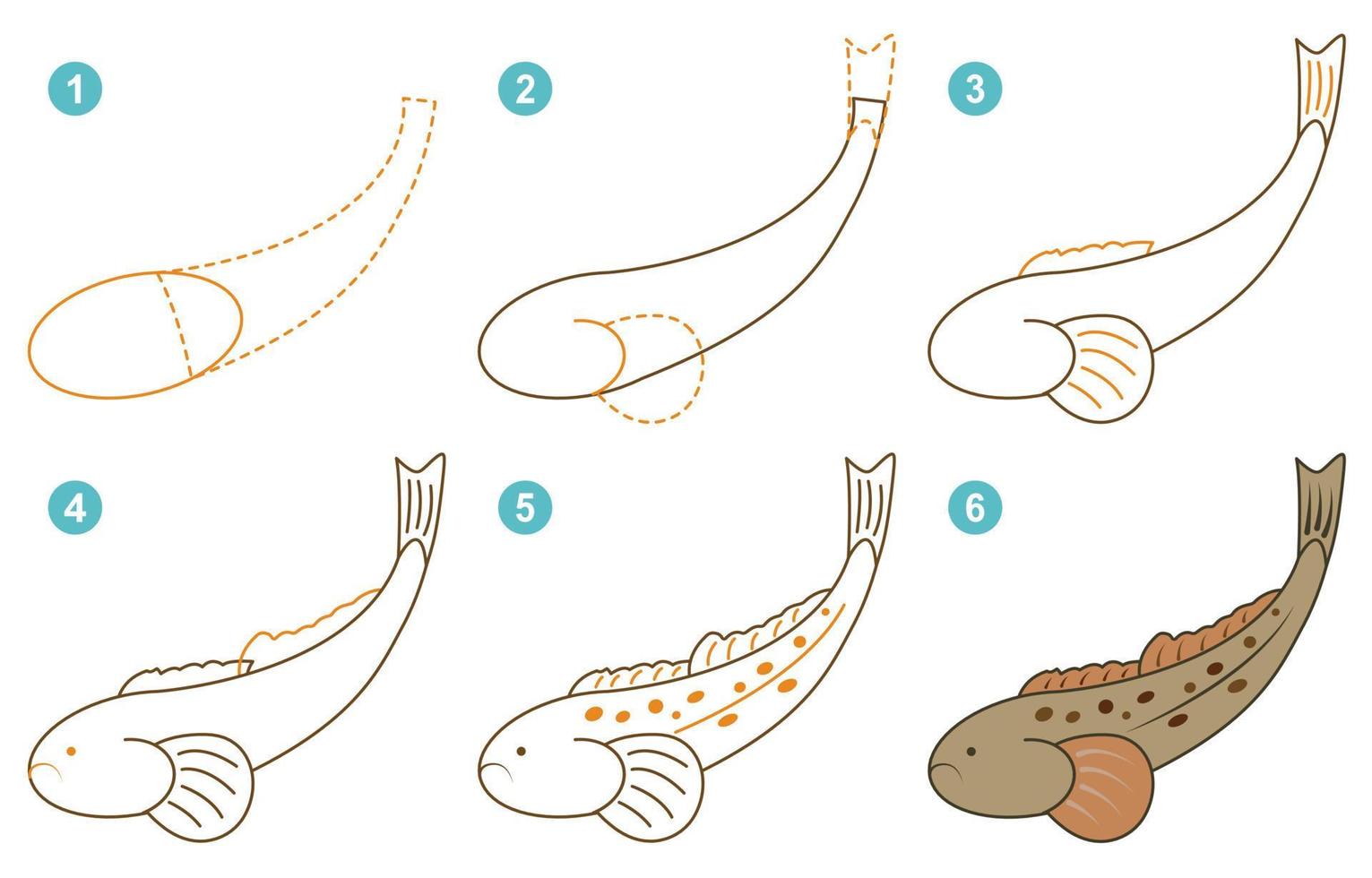 instruktioner för teckning söt skorpionfisk. Följ steg förbi skorpionfisk. kalkylblad för unge inlärning till dra fiskarna. spel för barn vektor sida. schema för teckning skorpionfisk. vektor illustration