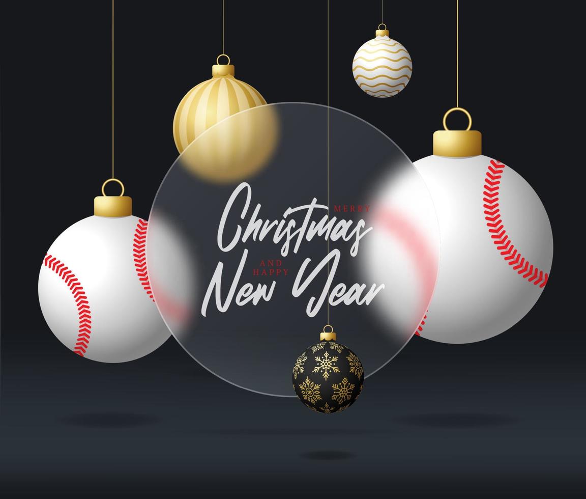 Baseball-Weihnachtsverkaufsbanner oder Grußkarte. frohes neues jahr und frohe weihnachten sportbanner mit glasmorphismus, glasmorphismus oder glasmorphismus-unschärfeeffekt. realistische vektorillustration vektor