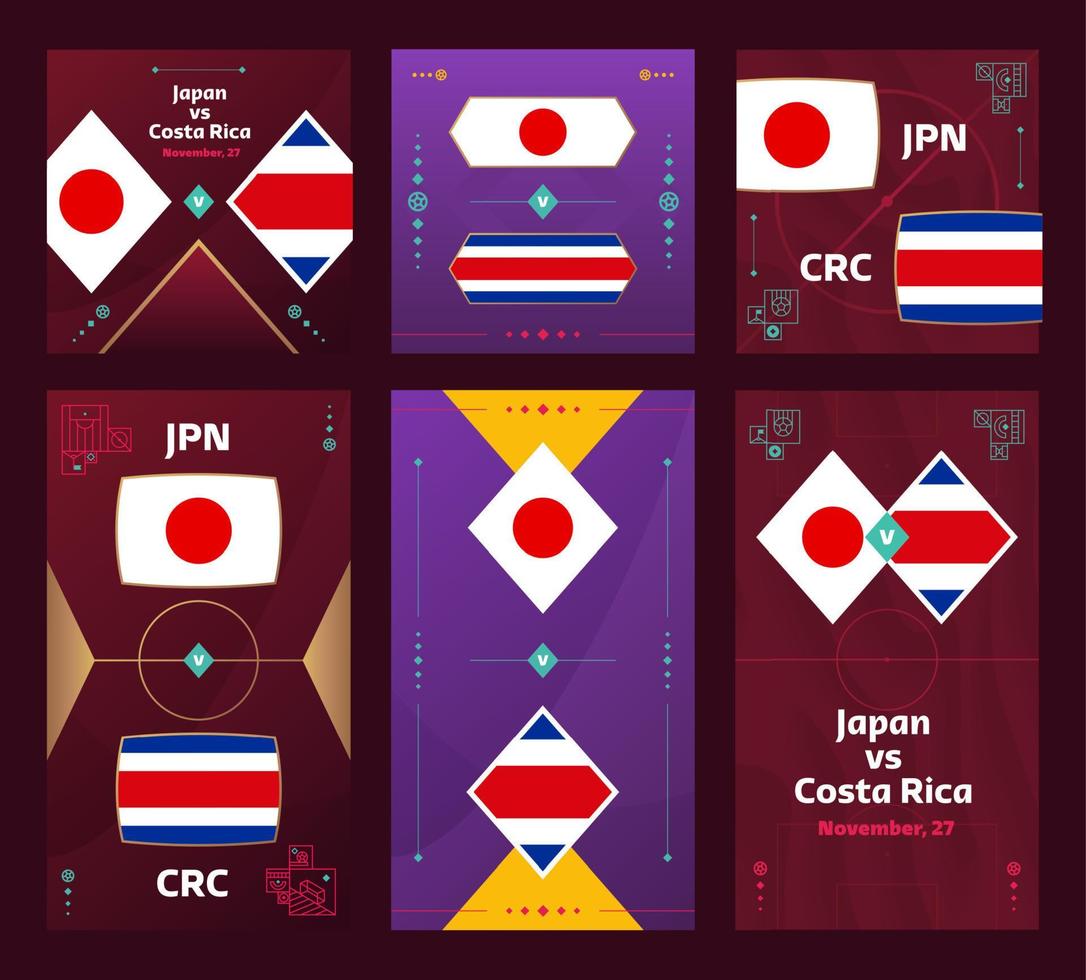 spiel japan gegen costa rica. World Football 2022 vertikales und quadratisches Banner-Set für soziale Medien. 2022 Fußball-Infografik. Gruppenbühne. Vektor-Illustration-Ankündigung vektor
