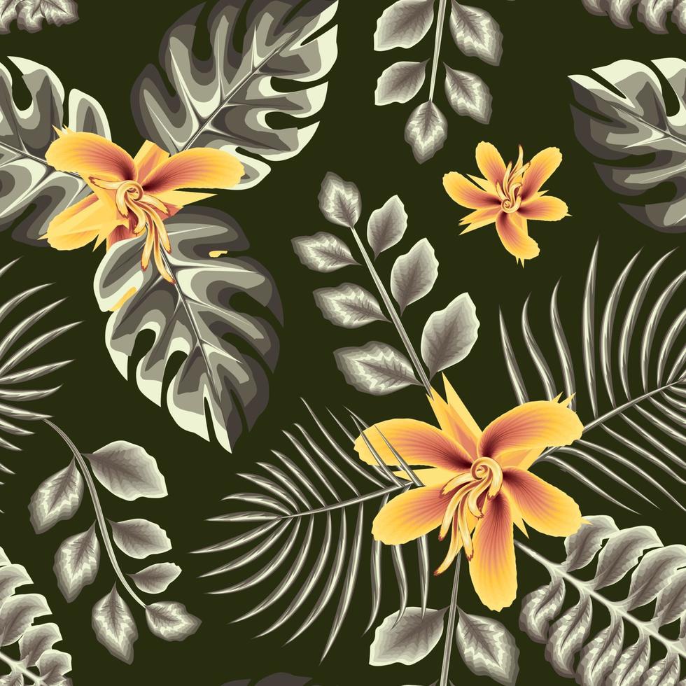 grüner Farbhintergrund tropische Pflanze nahtloses Muster mit Monstera-Palmblättern und orangefarbenem Hibiskus-Blumendesign. modische Textur. Sommerdruck. Blumentapete. Dschungel-Hintergrund. natürlich vektor