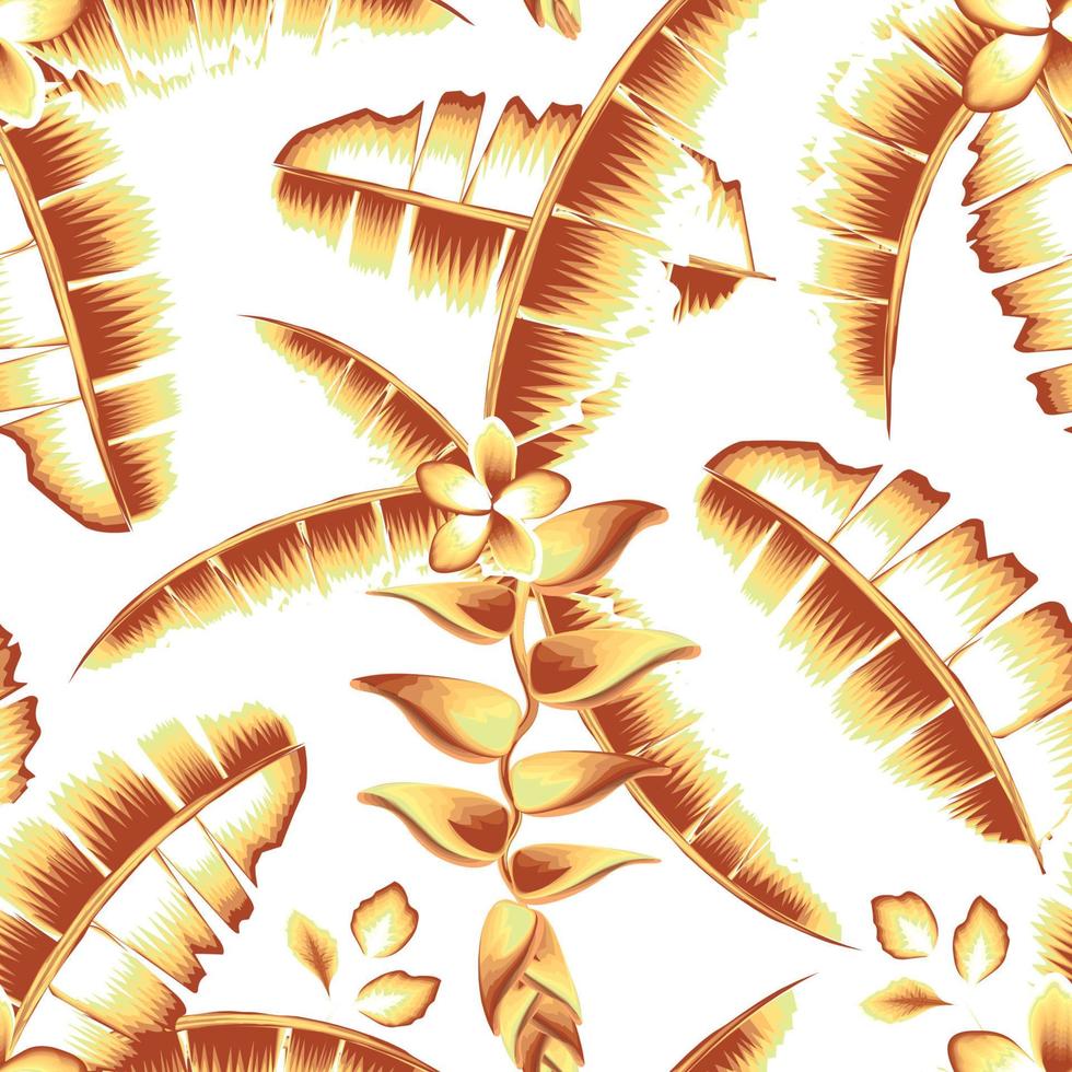 banan löv sömlös mönster med årgång tropisk heliconia blommor och orange frangipani växter lövverk på vit bakgrund. blommig bakgrund. natur tapet. sommar design. höst bakgrund vektor