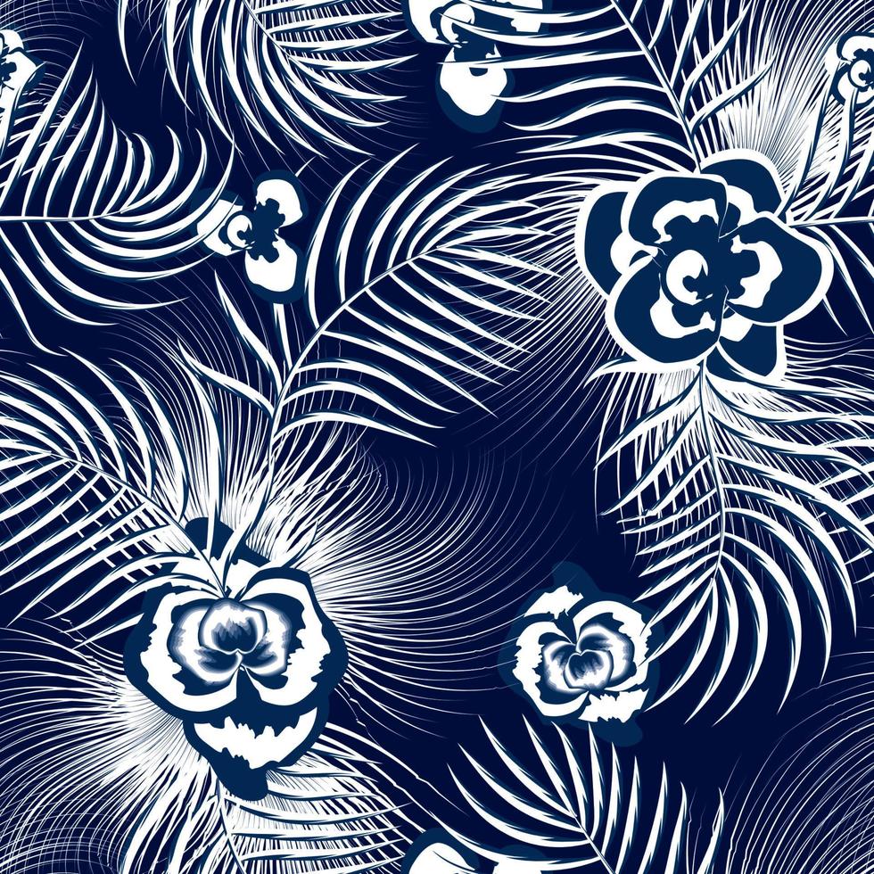 abstrakt tropisk sömlös mönster med handflatan löv och ljus blå blommor på mörk bakgrund. årgång blomma teckning. vektor design. djungel skriva ut. blommig bakgrund. modern textur. sommar