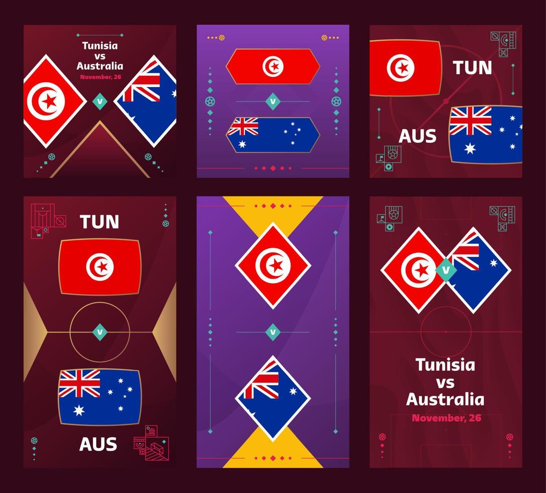 tunisien mot Australien match. värld fotboll 2022 vertikal och fyrkant baner uppsättning för social media. 2022 fotboll infografik. grupp skede. vektor illustration meddelande